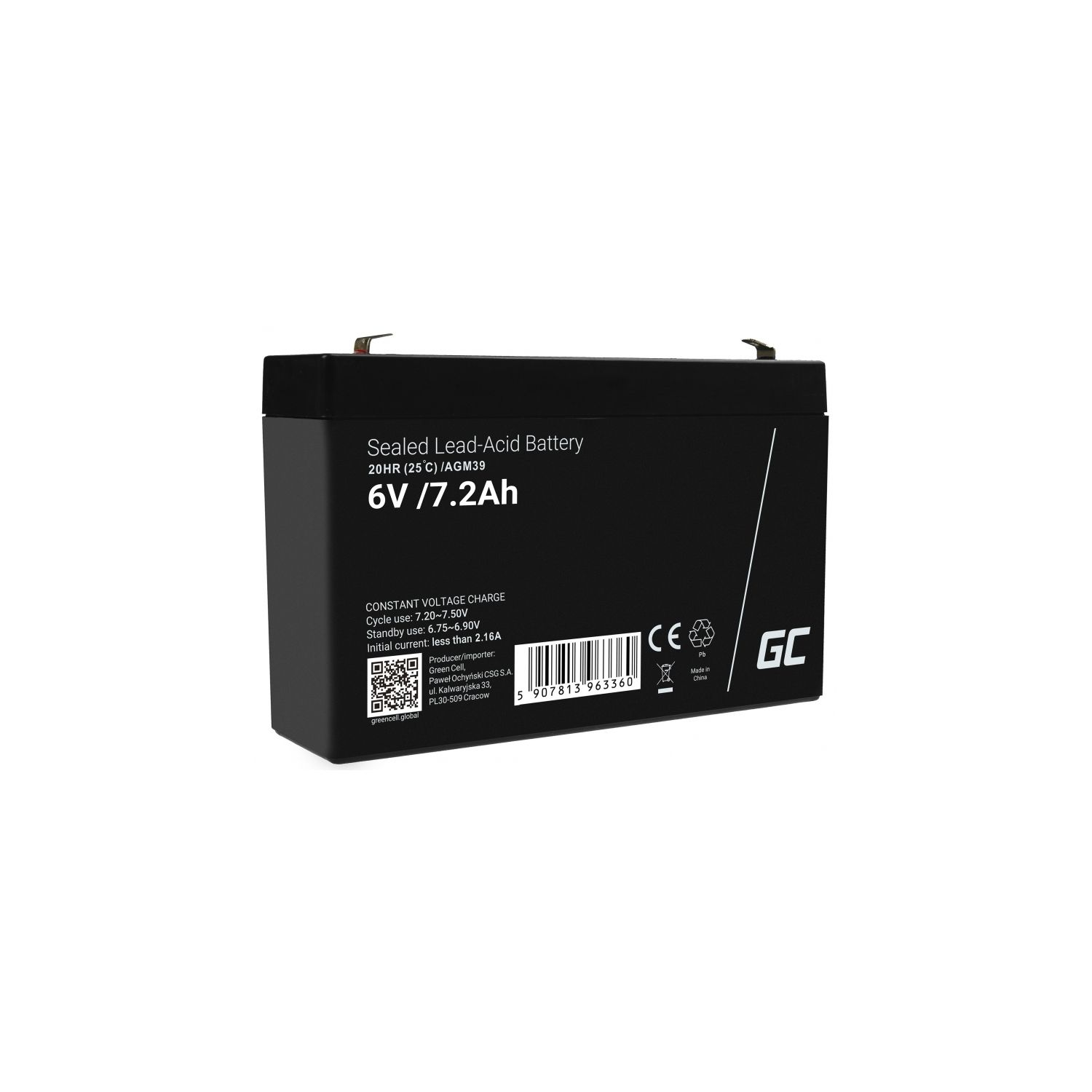Eine schwarze, versiegelte Blei-Säure-Batterie mit Text und einem QR-Code.