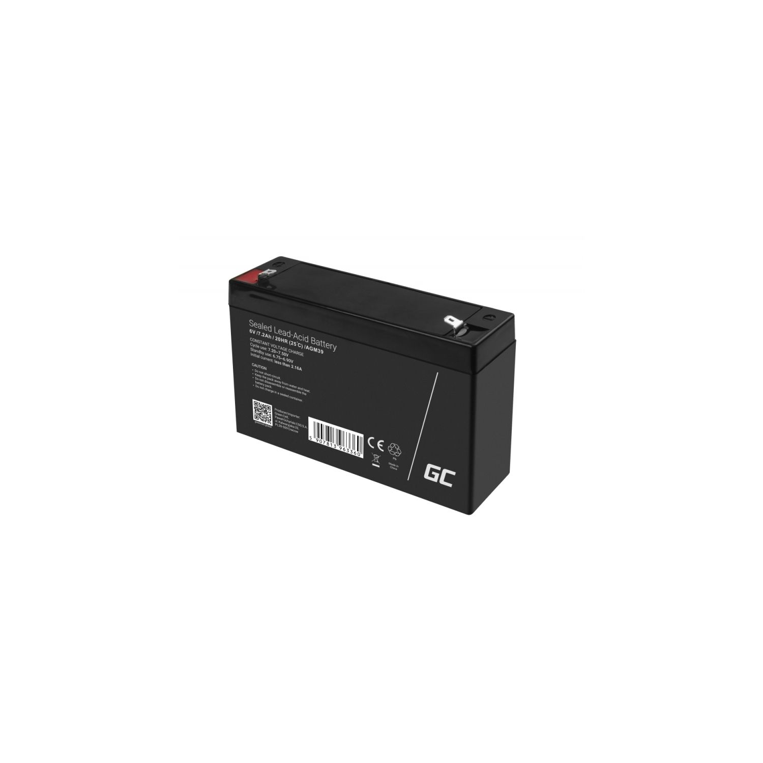 Schwarze rechteckige Batterie mit weißem Text und Grafiken.