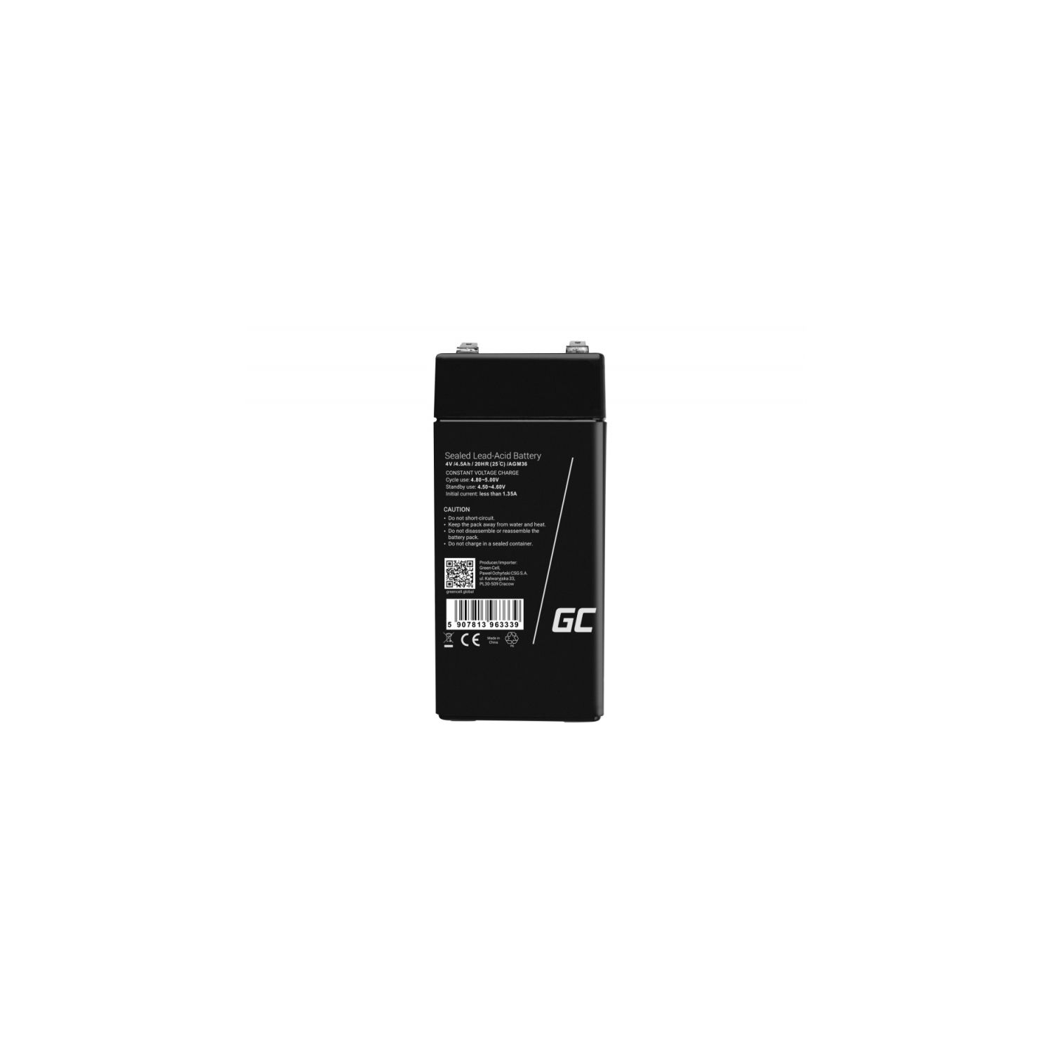 Eine schwarze, versiegelte Blei-Säure-Batterie mit einem schwarz-weißen Etikett.