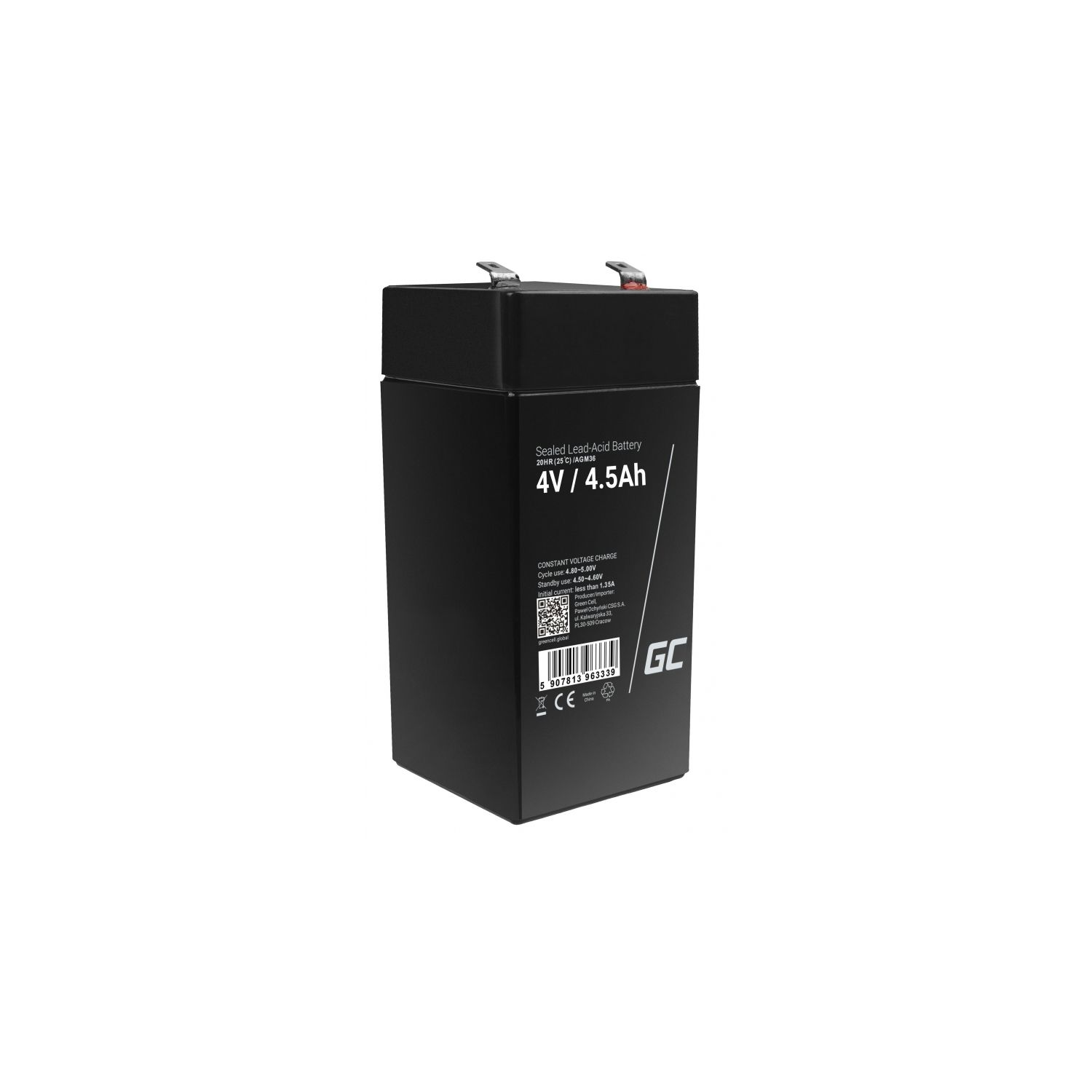 Schwarze Blei-Säure-Batterie. 4V / 4,5Ah, mit GC-Logo.
