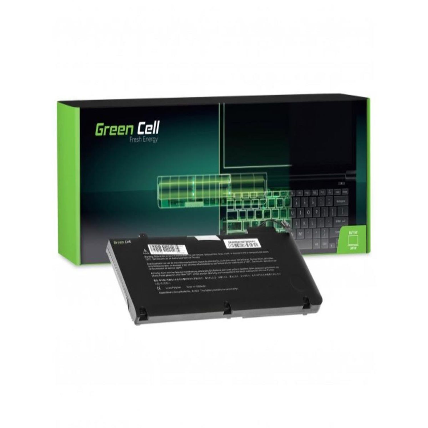 Ein Laptop-Akku und seine Verpackung vor grün-schwarzem Hintergrund.