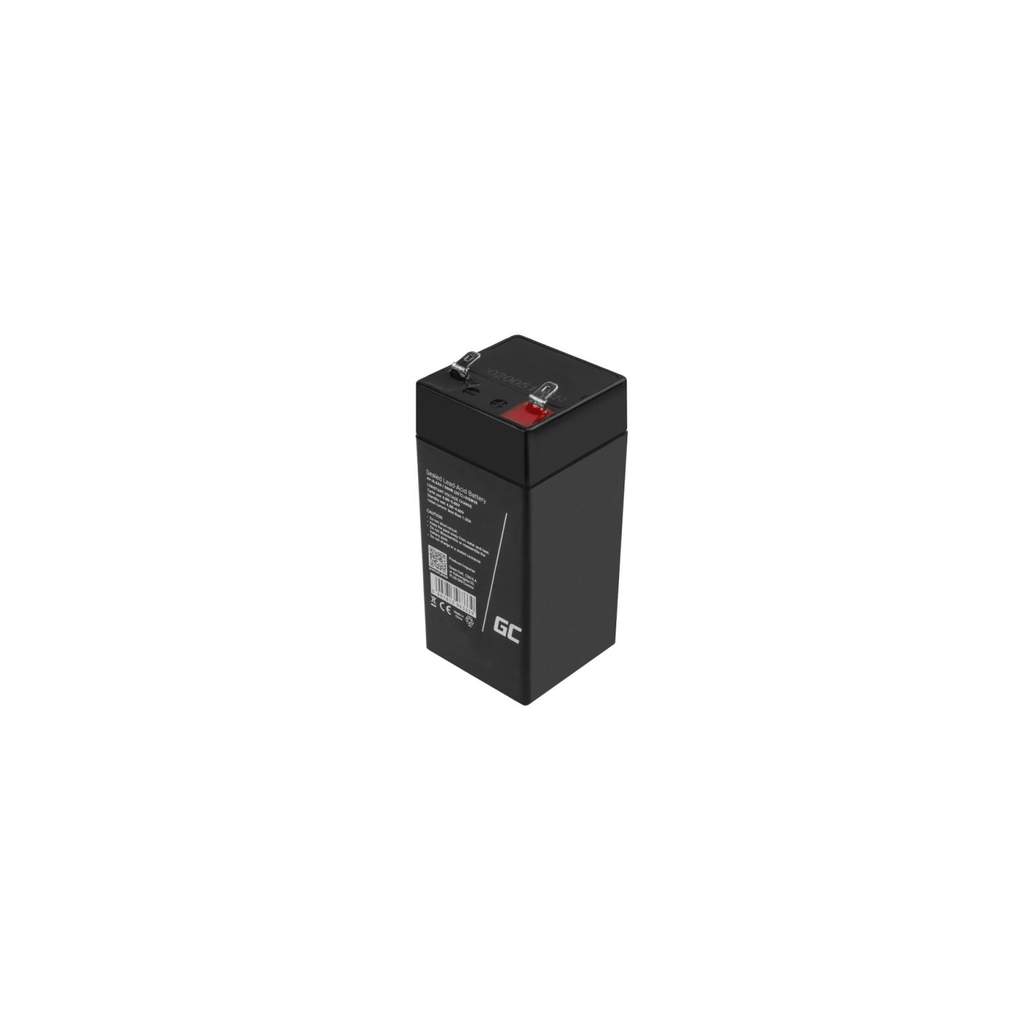 Schwarze Batterie mit roten und schwarzen Plus- und Minuspolen. Weißer Hintergrund.