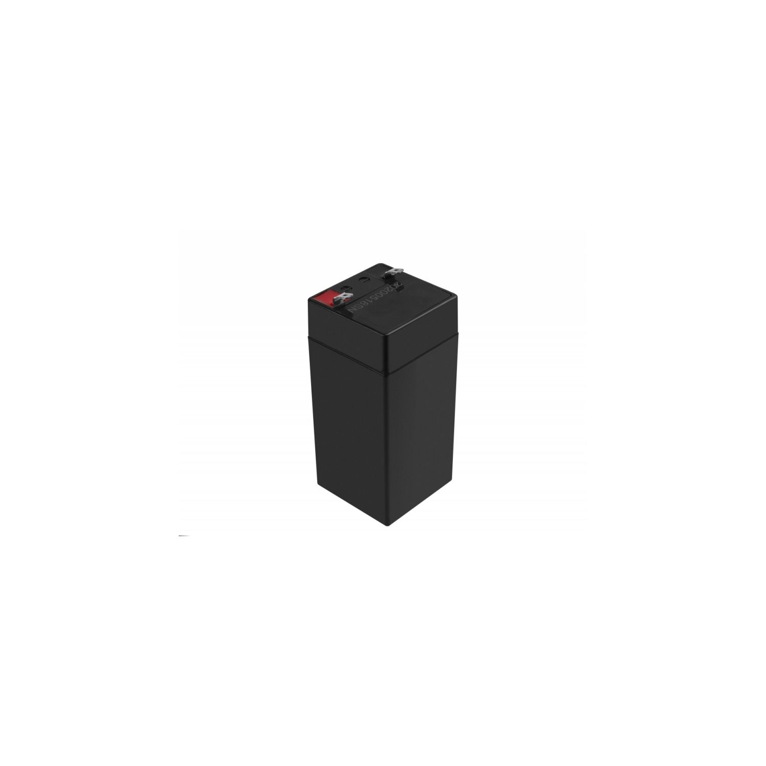 Eine schwarze rechteckige Batterie mit roten und schwarzen Anschlüssen.