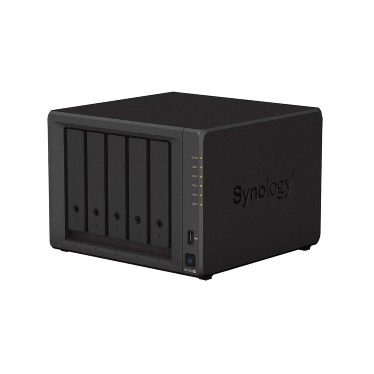 Dispositivo NAS Synology negro, con cinco bahías de disco y un botón de encendido. El fondo es blanco.