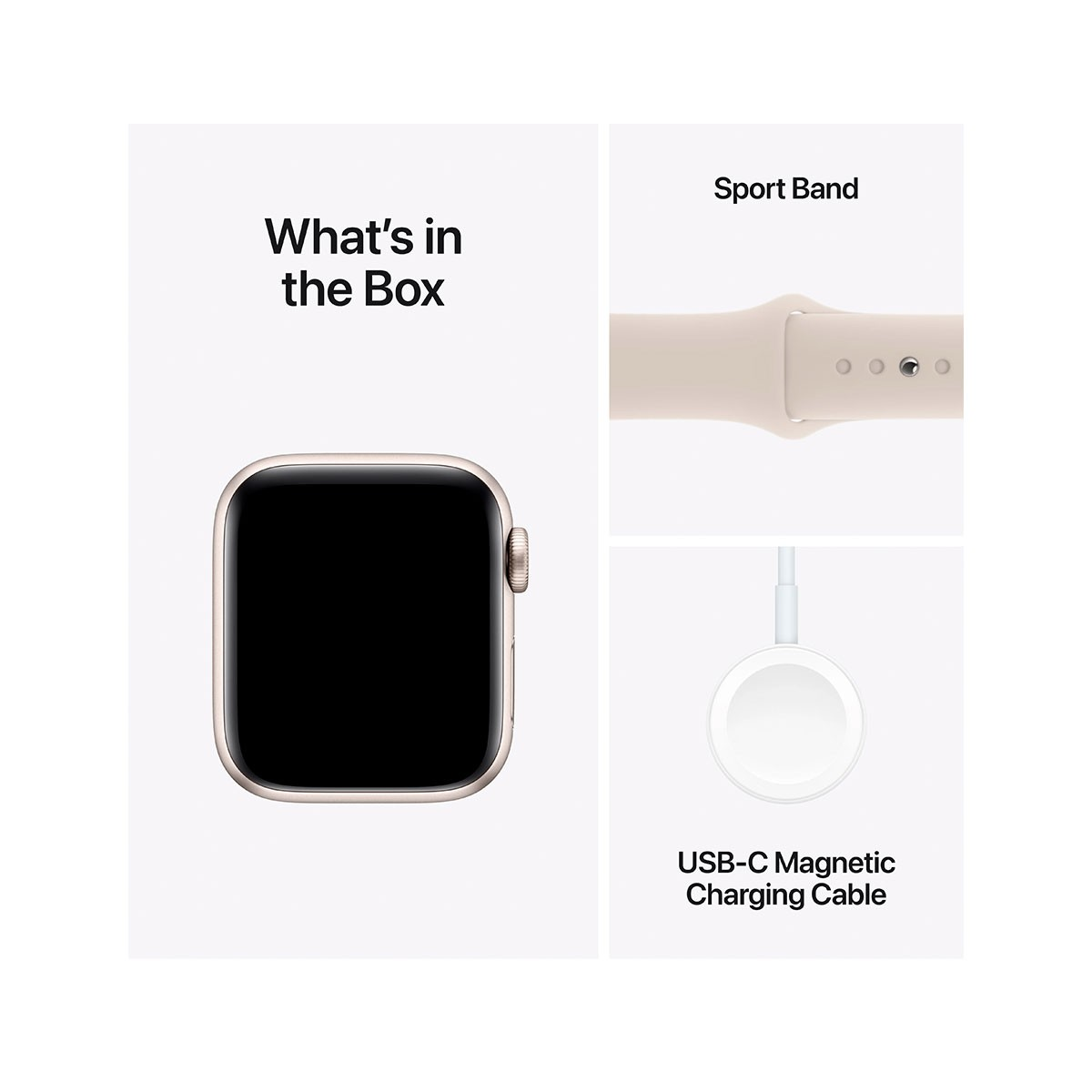 Apple Watch, cable de carga y correa, todo sobre un fondo blanco. Texto: Qué hay en la caja.