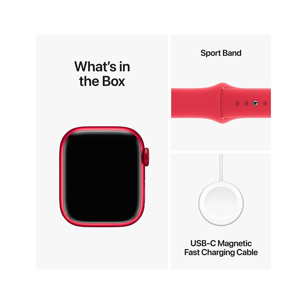 Apple Watch roja con correa y cargador rojos, sobre fondo blanco.