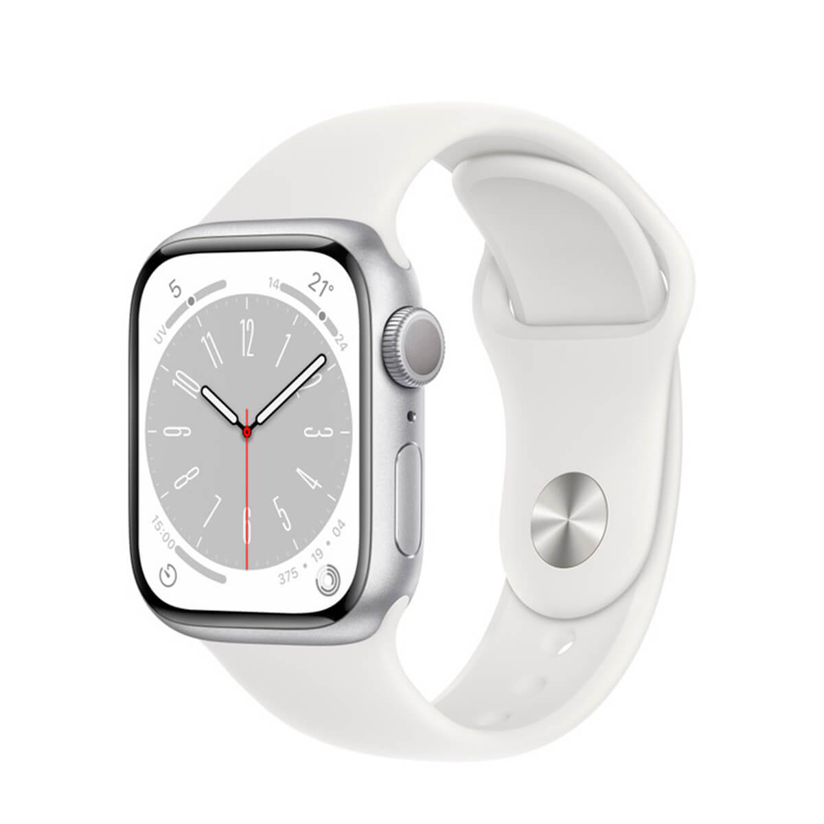 Apple Watch plateada con correa blanca, visualización de la hora y botón lateral.