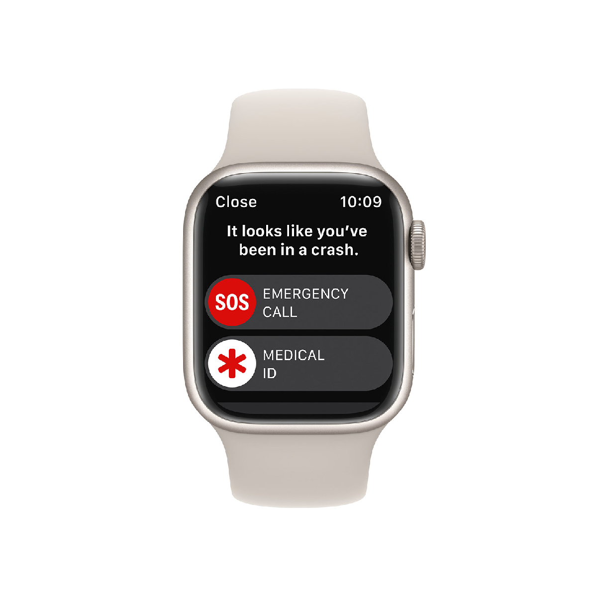 Pantalla de Apple Watch muestra 'Parece que has tenido un accidente'. Opciones de Emergencia e ID Médica.