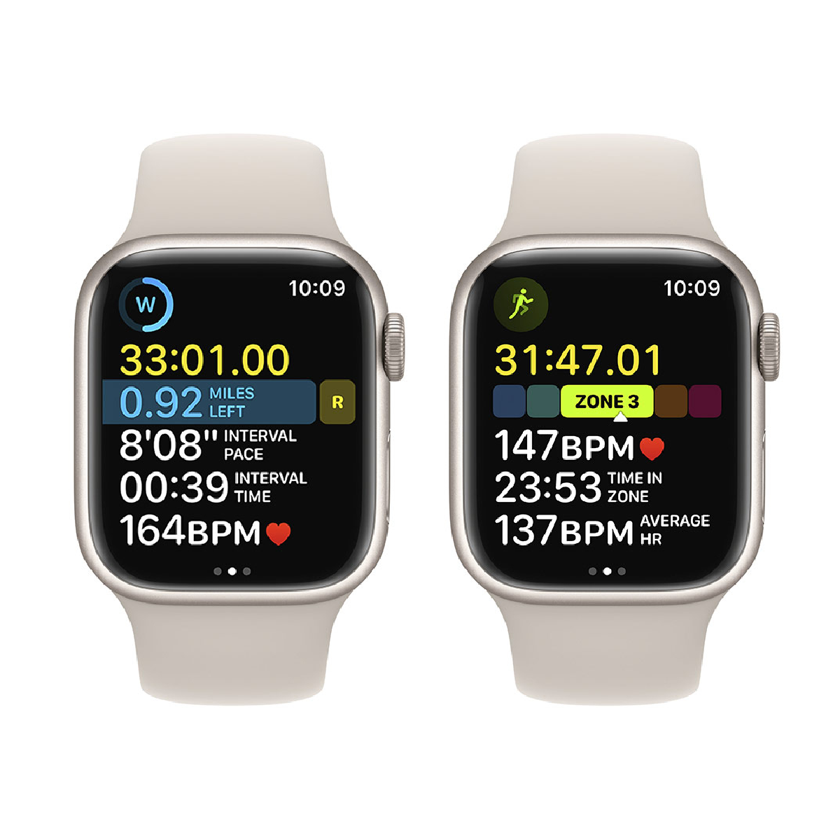 Dos smartwatches mostrando datos de ejercicio y hora. Correas beige.