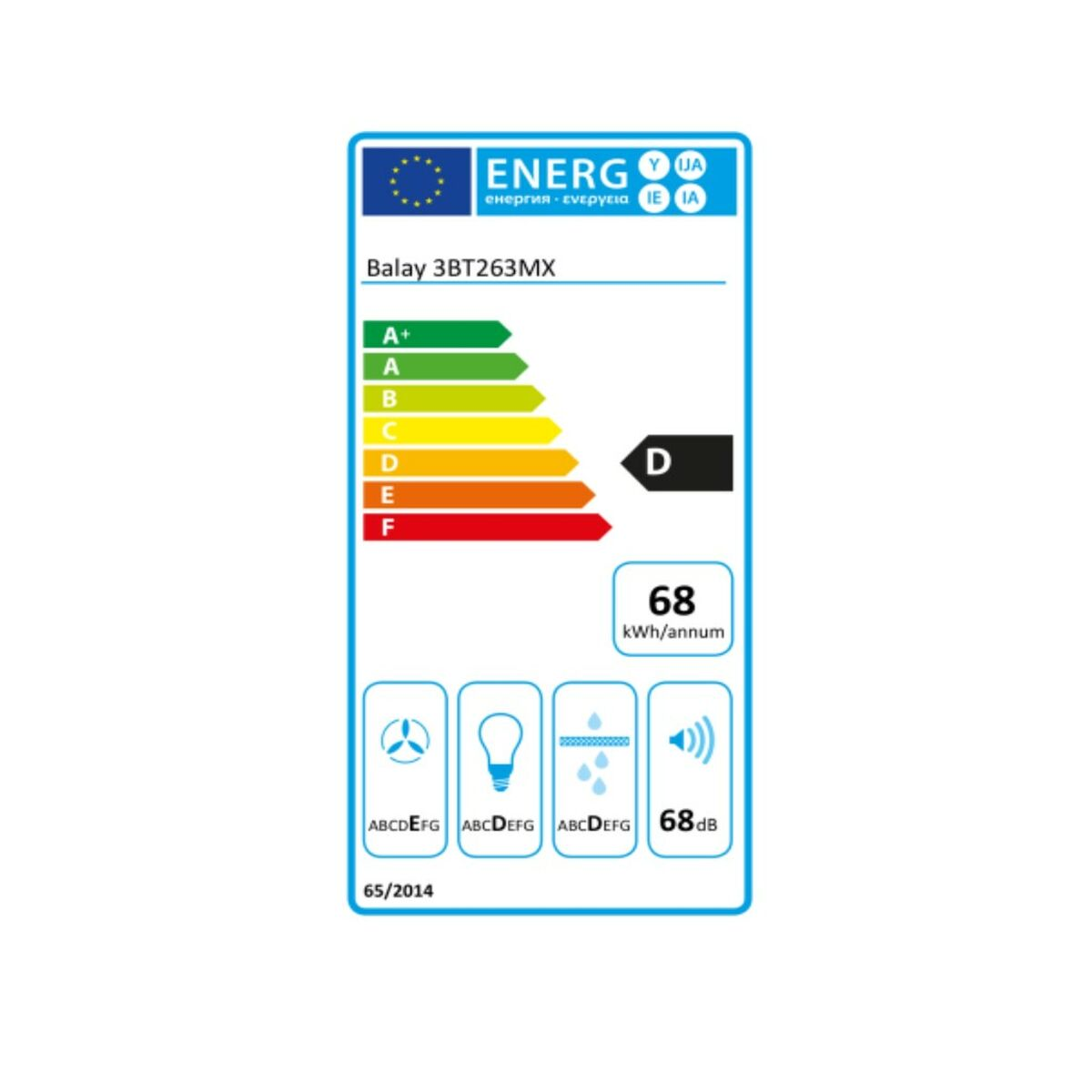 Etichetta energetica. Sfondo bianco con barre e valutazioni colorate. Contiene informazioni su consumo e altre specifiche.