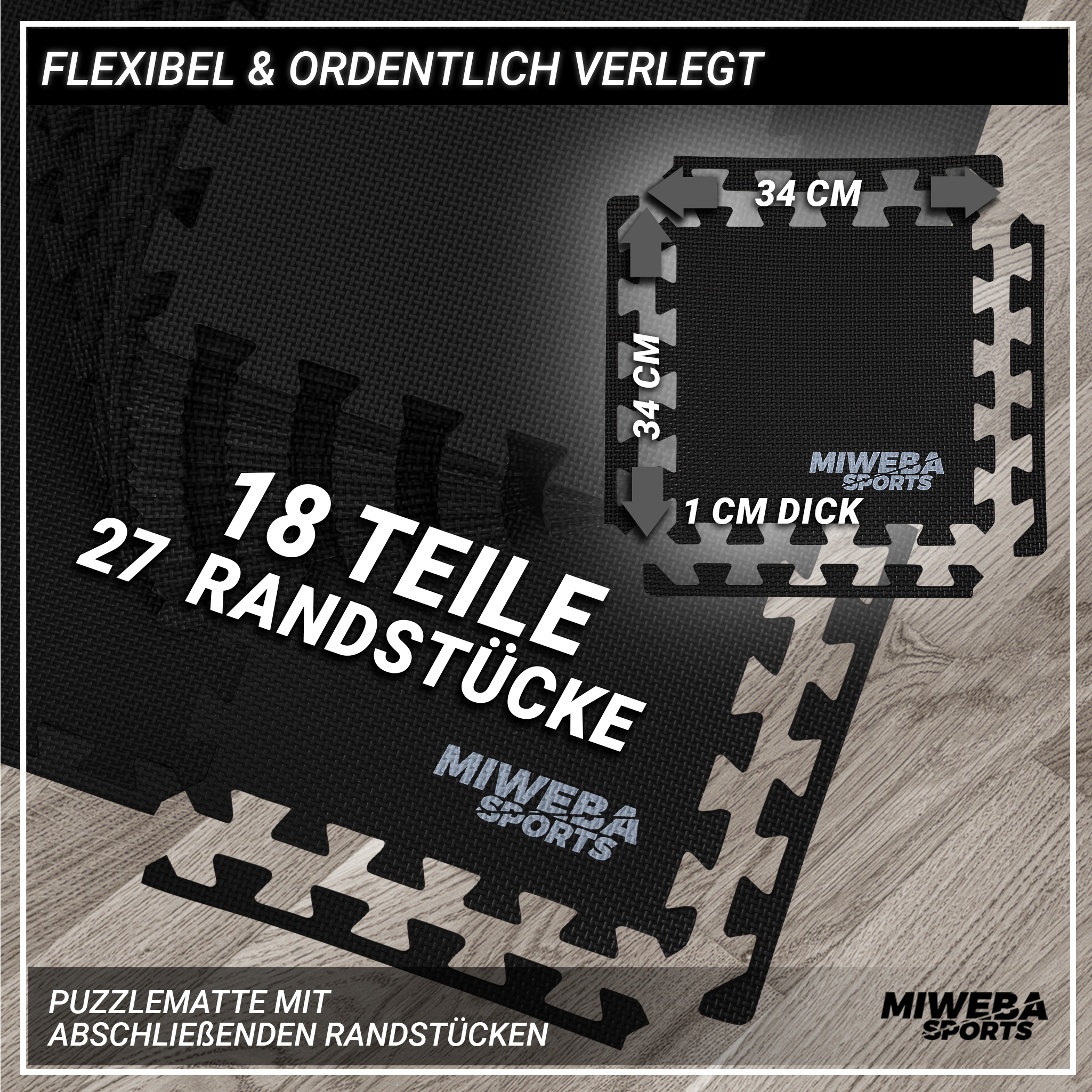 Puzzelmatte aus schwarzen Teilen, 34 cm Größe markiert.