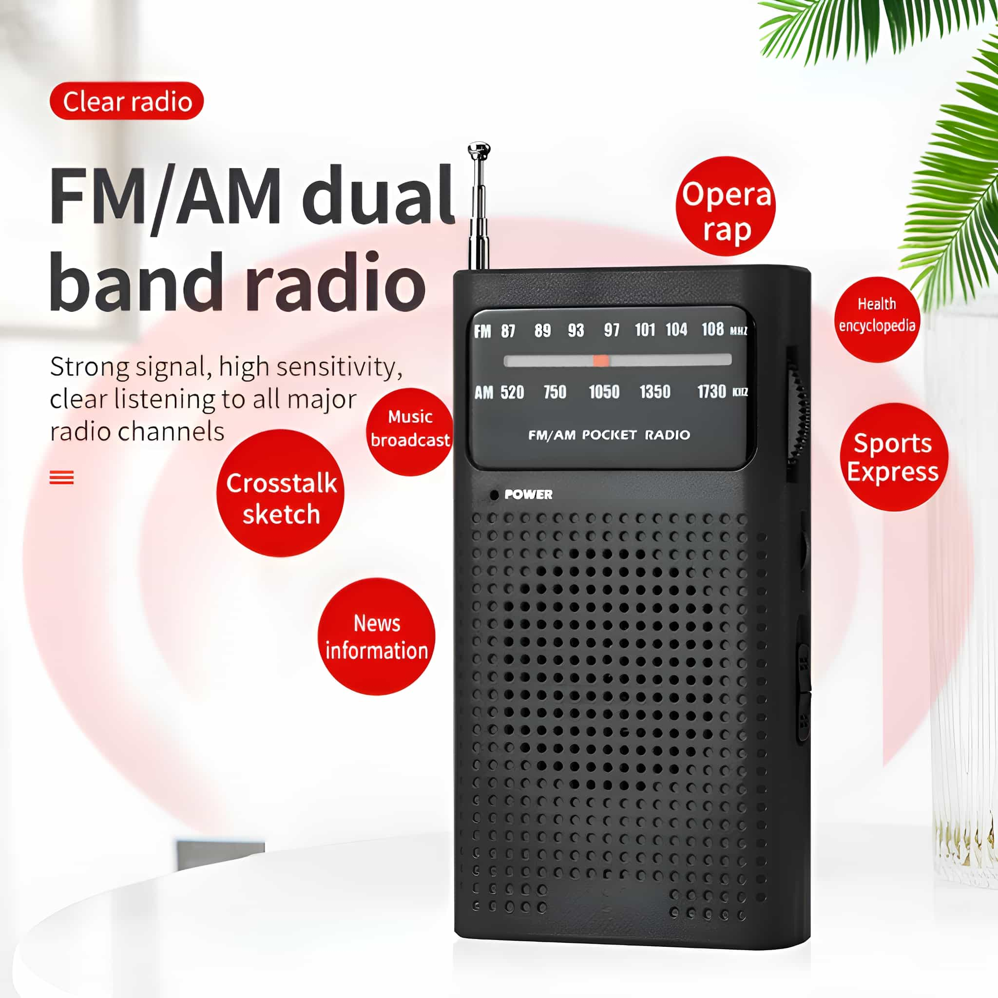 Schwarzes FM/AM-Radio mit Textbeschriftungen und einem Drehknopf.