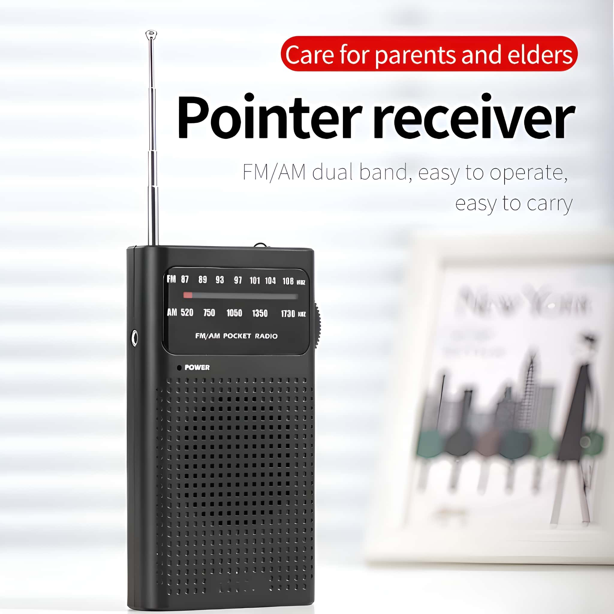 Schwarzes Taschenradio mit Antenne. Text: FM/AM-Taschenradio. Ein Bilderrahmen befindet sich im Hintergrund.