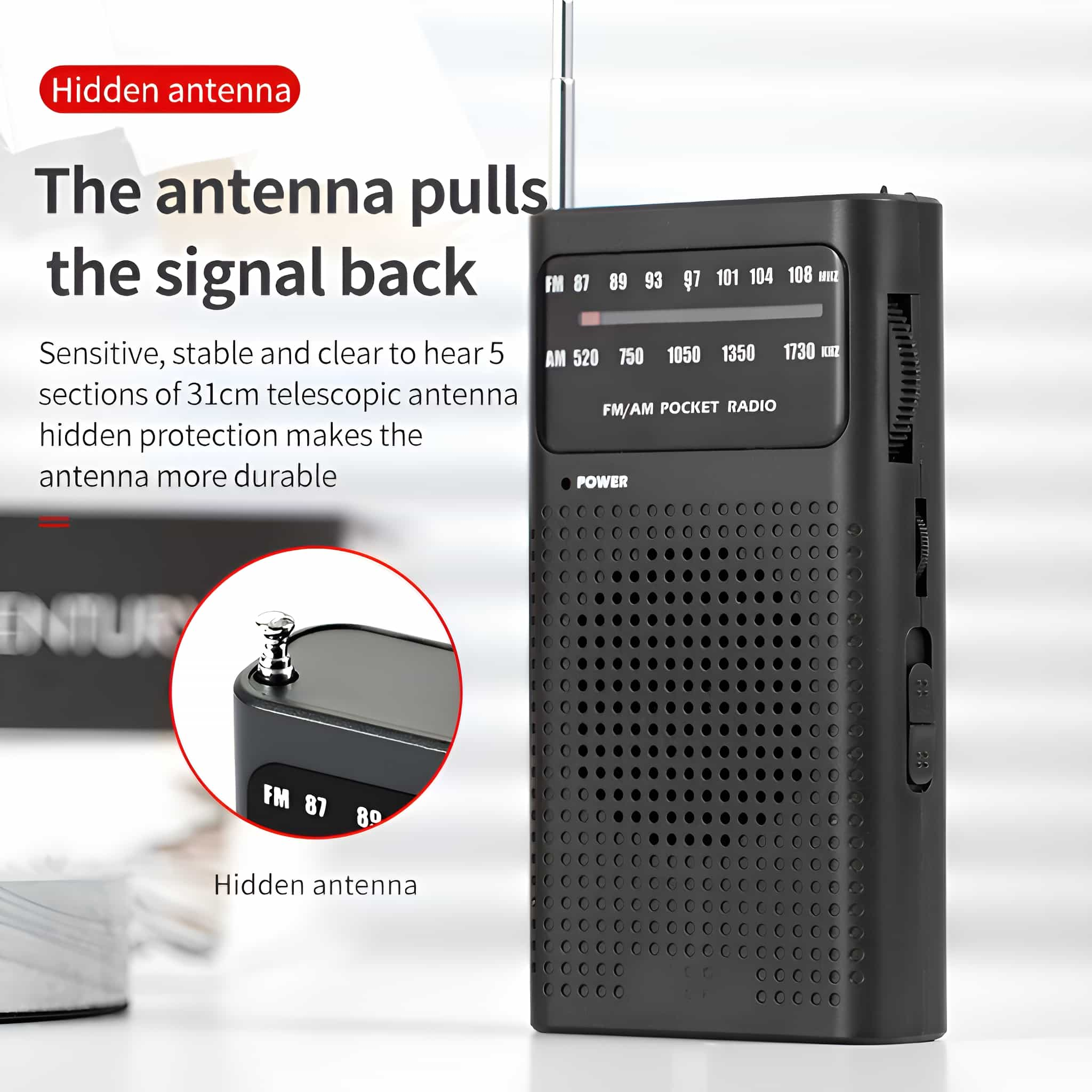 Schwarzes FM/AM-Taschenradio mit versteckter Antenne und Detailansicht der Antenne.