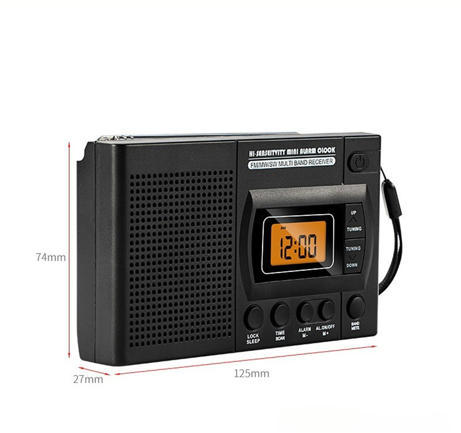 Ein schwarzes Mini-Radio mit Digitaluhr und Knöpfen.