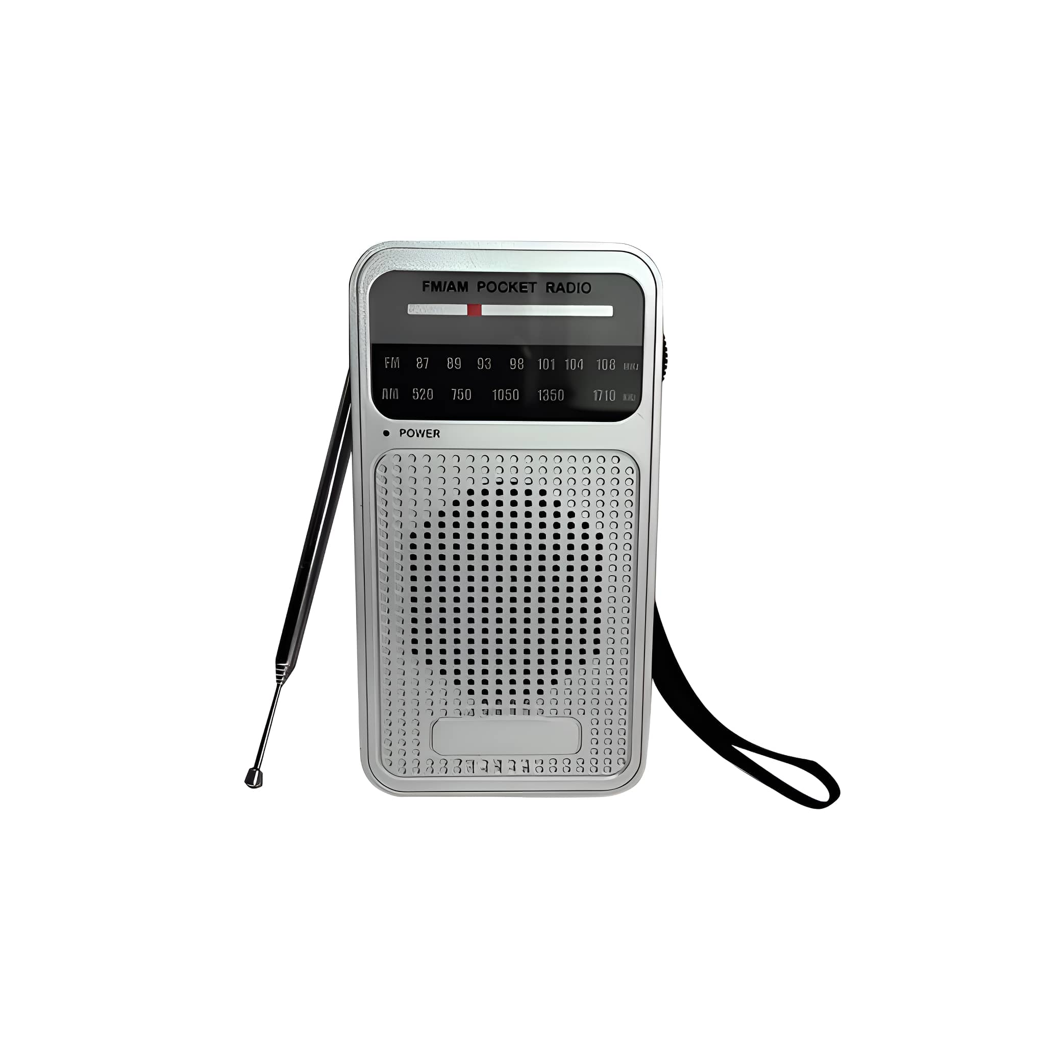 Silbernes FM/AM-Taschenradio mit schwarzer Antenne und schwarzem Riemen. Das Radio hat einen Lautsprecher und Knöpfe.