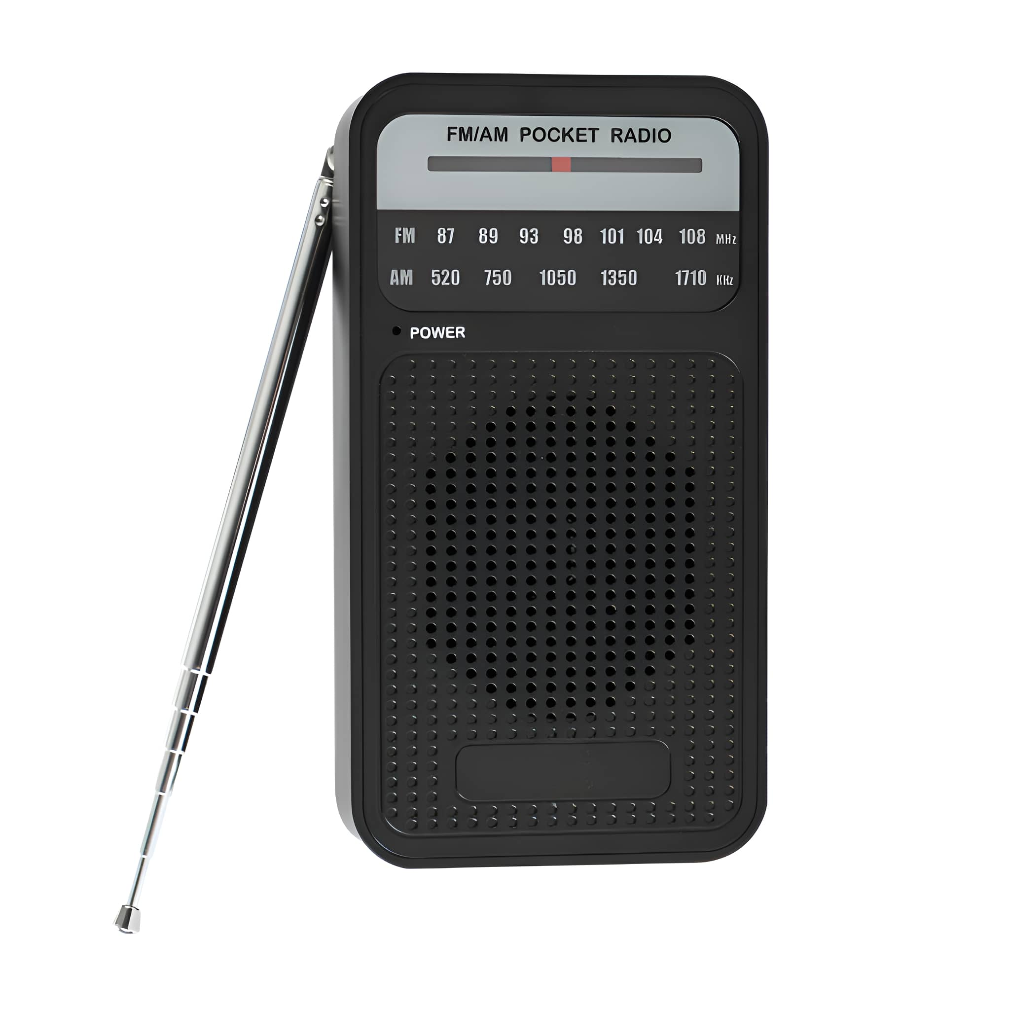 Schwarzes FM/AM-Taschenradio mit Antenne und Frequenzanzeige. Weißer Hintergrund.