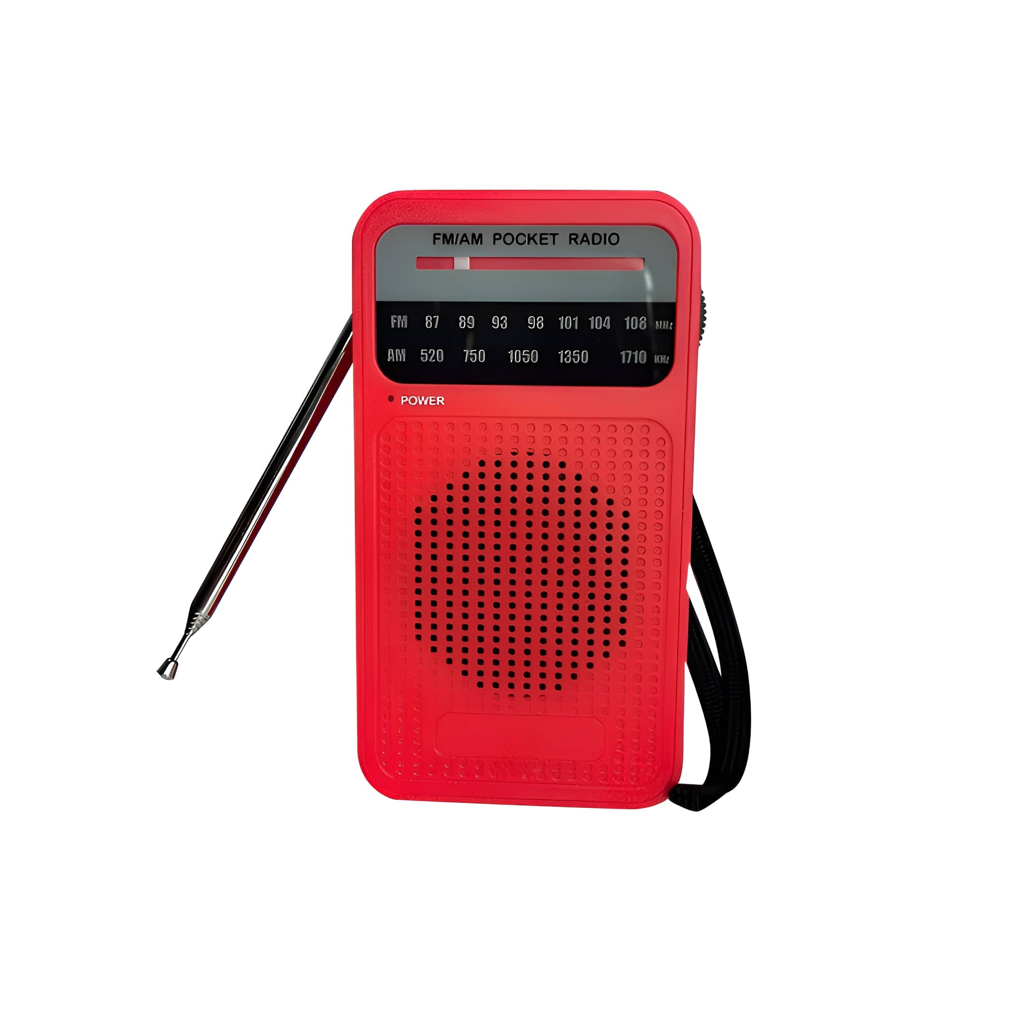 Rotes FM/AM-Taschenradio mit Drehregler, Antenne und schwarzem Riemen. Rotes Gehäuse.