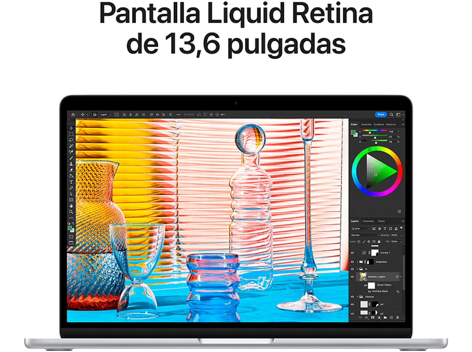 Ordenador portátil abierto con una pantalla colorida. La pantalla muestra un software de edición.