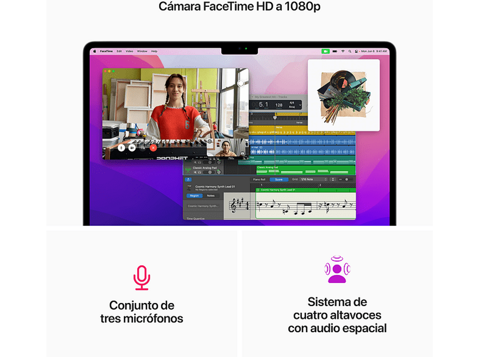 Pantalla de portátil con videollamada y software de música. Iconos en la parte inferior. Fondo morado.