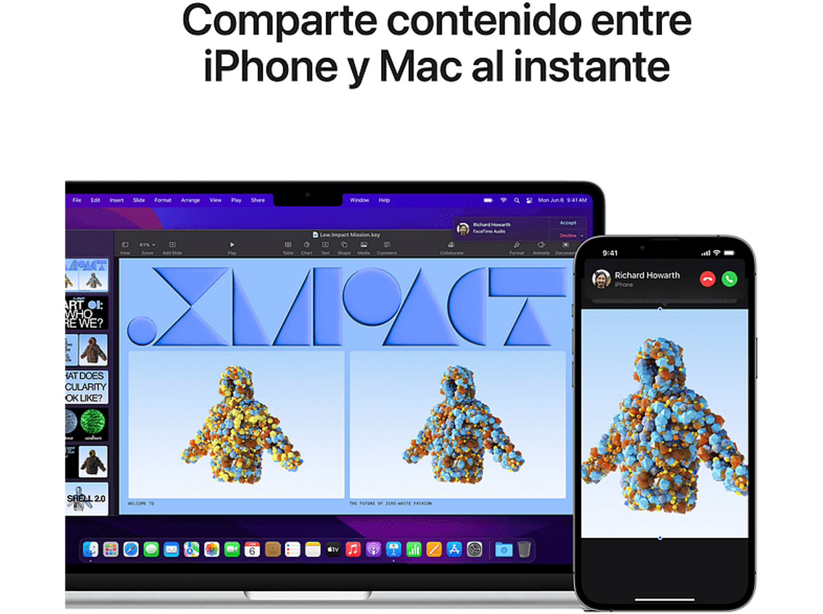 Una laptop y un teléfono comparten contenido. La laptop muestra una presentación colorida.