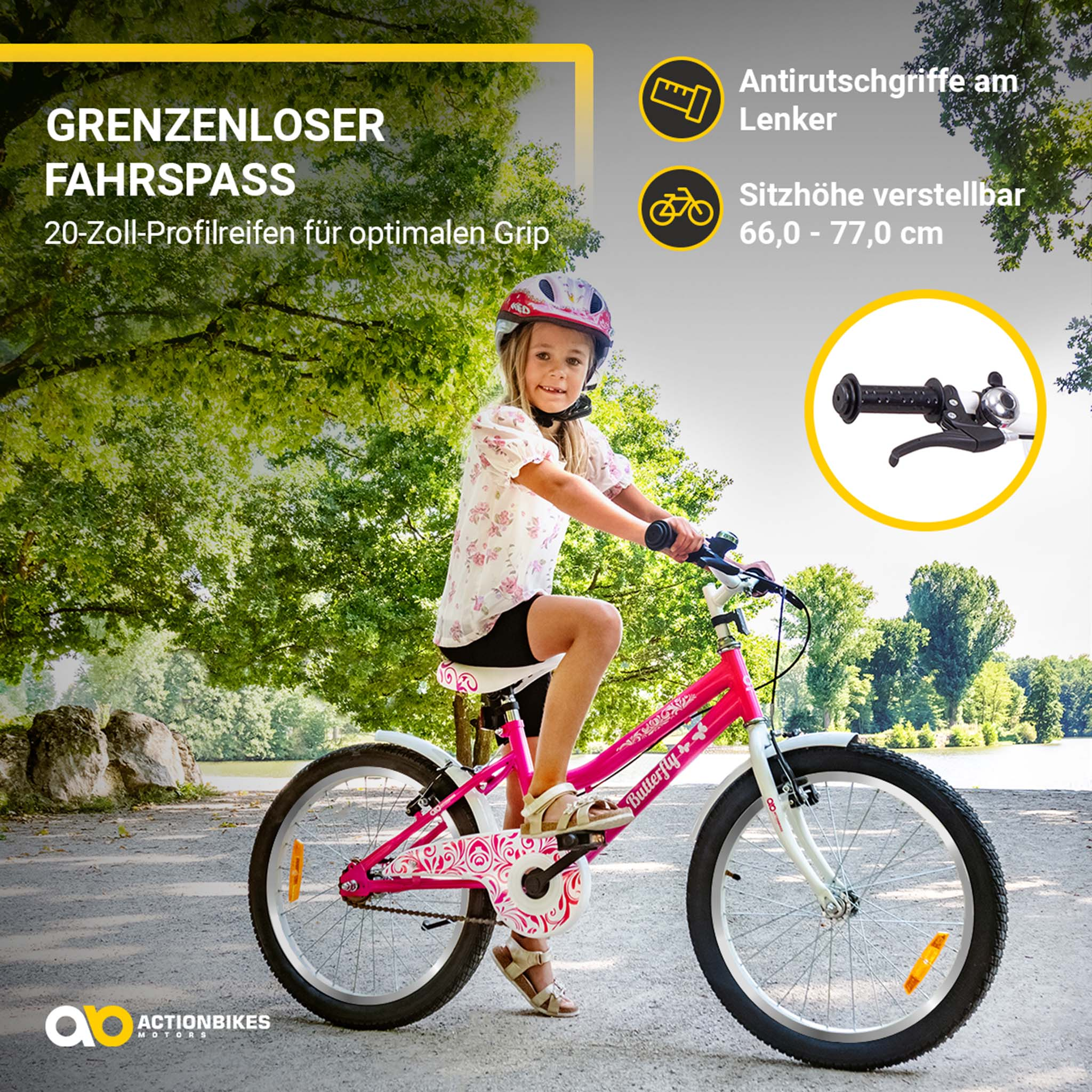 Mädchen auf einem rosa Fahrrad. Das Fahrrad hat weiße Reifen. Grüner Hintergrund.