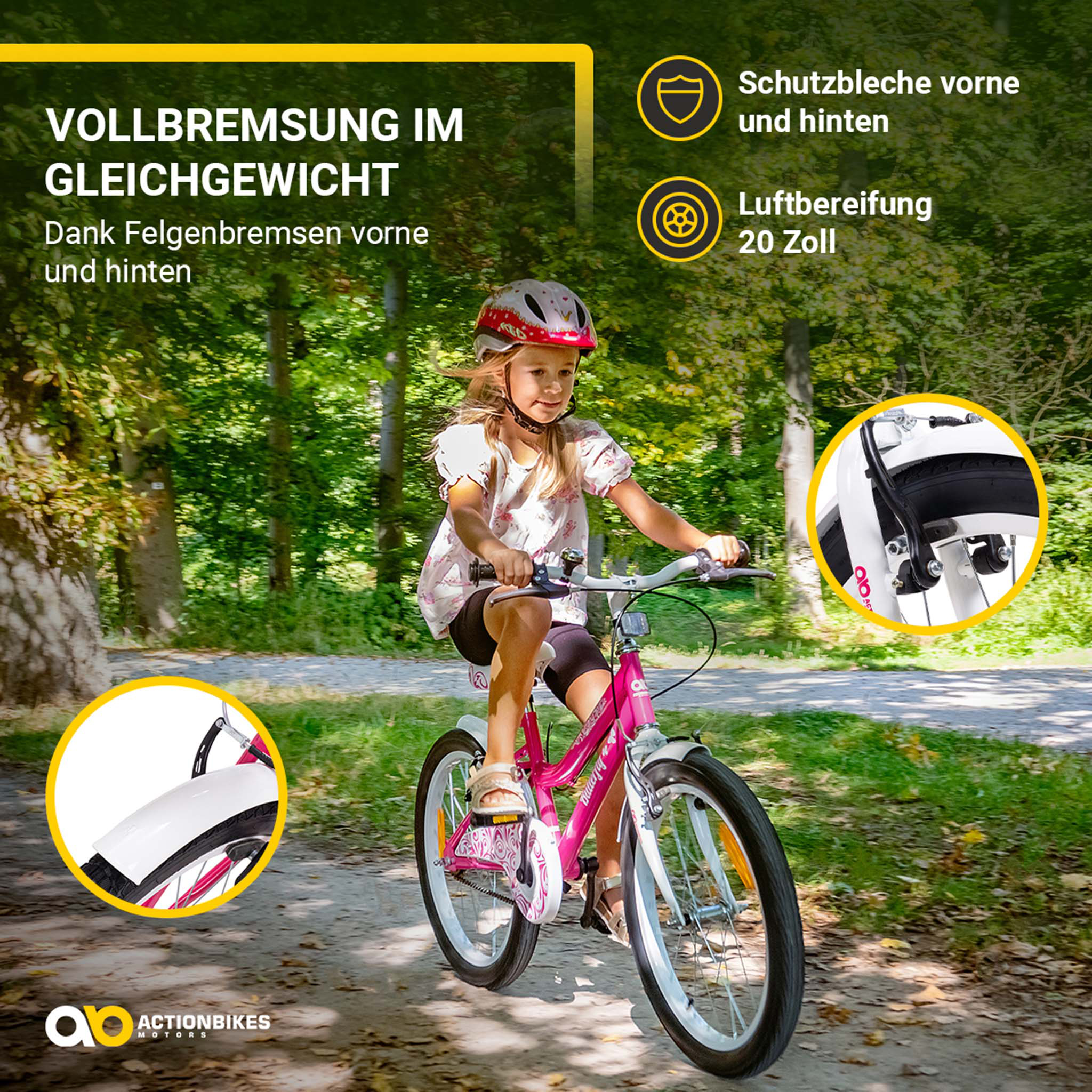 Ein Mädchen fährt auf einem rosa Fahrrad. Das Fahrrad hat weiße Reifen und einen Helm.