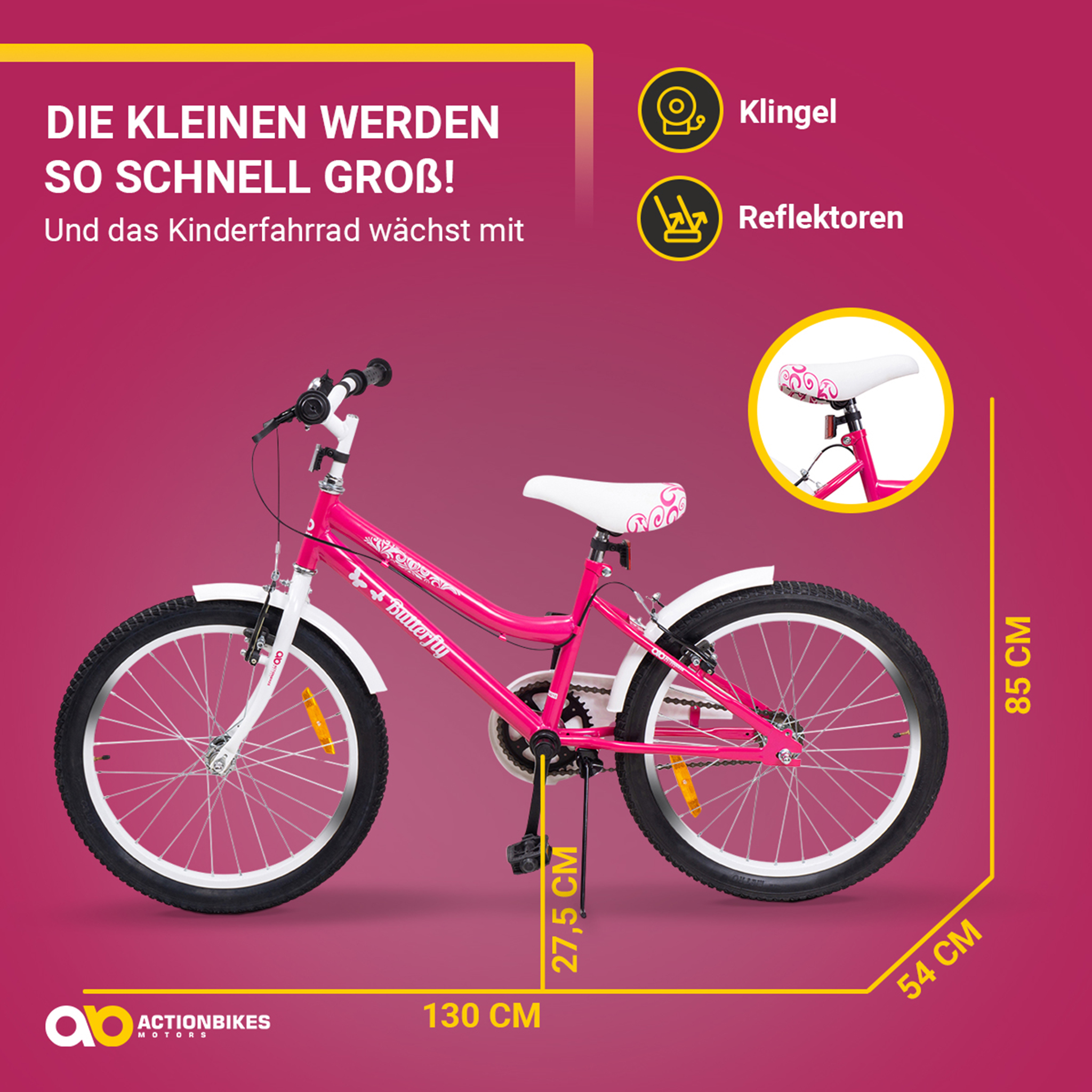 Rosa Kinderfahrrad. Weiße Schutzbleche und Sitz. Text und Abmessungen sind angegeben.