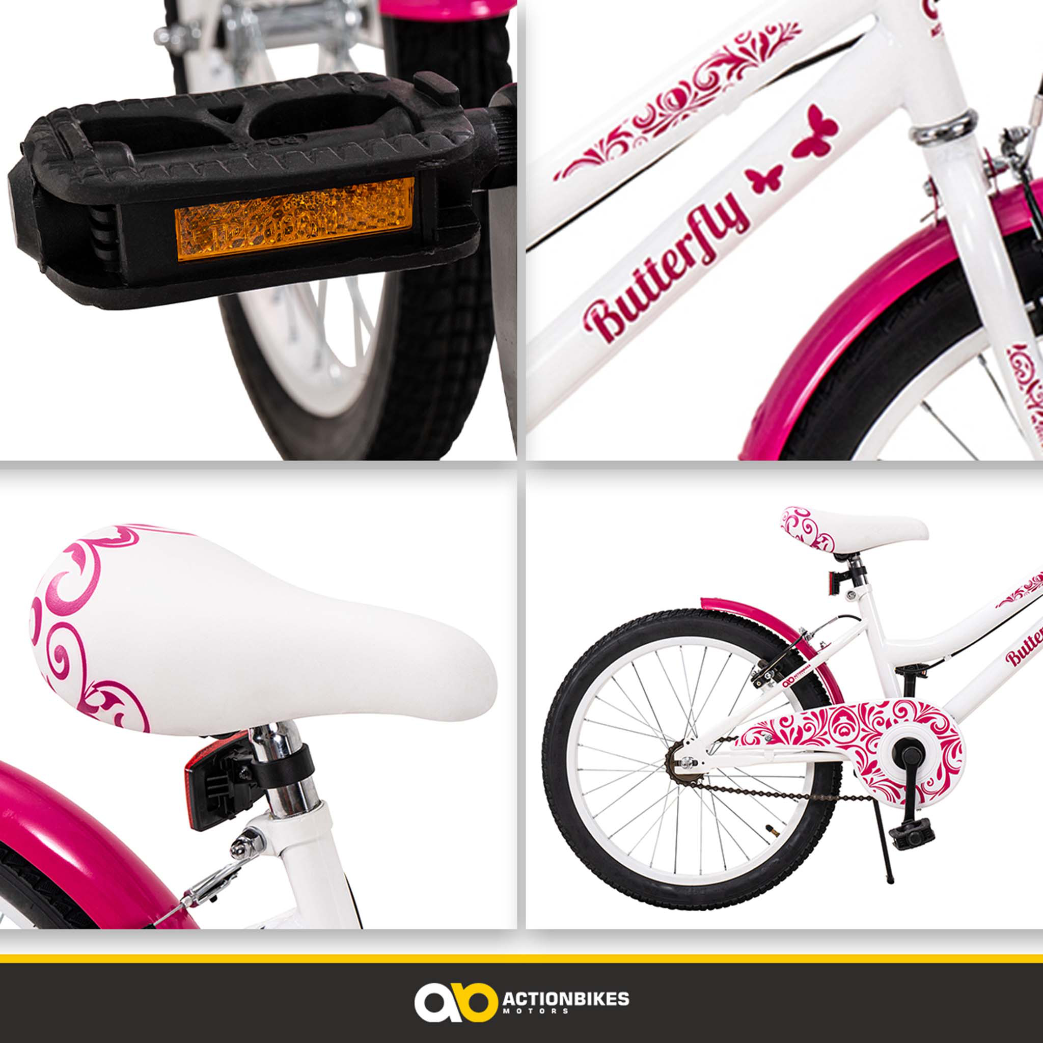 Nahaufnahme eines rosa-weißen Kinderfahrrads mit Schmetterlingsaufklebern.