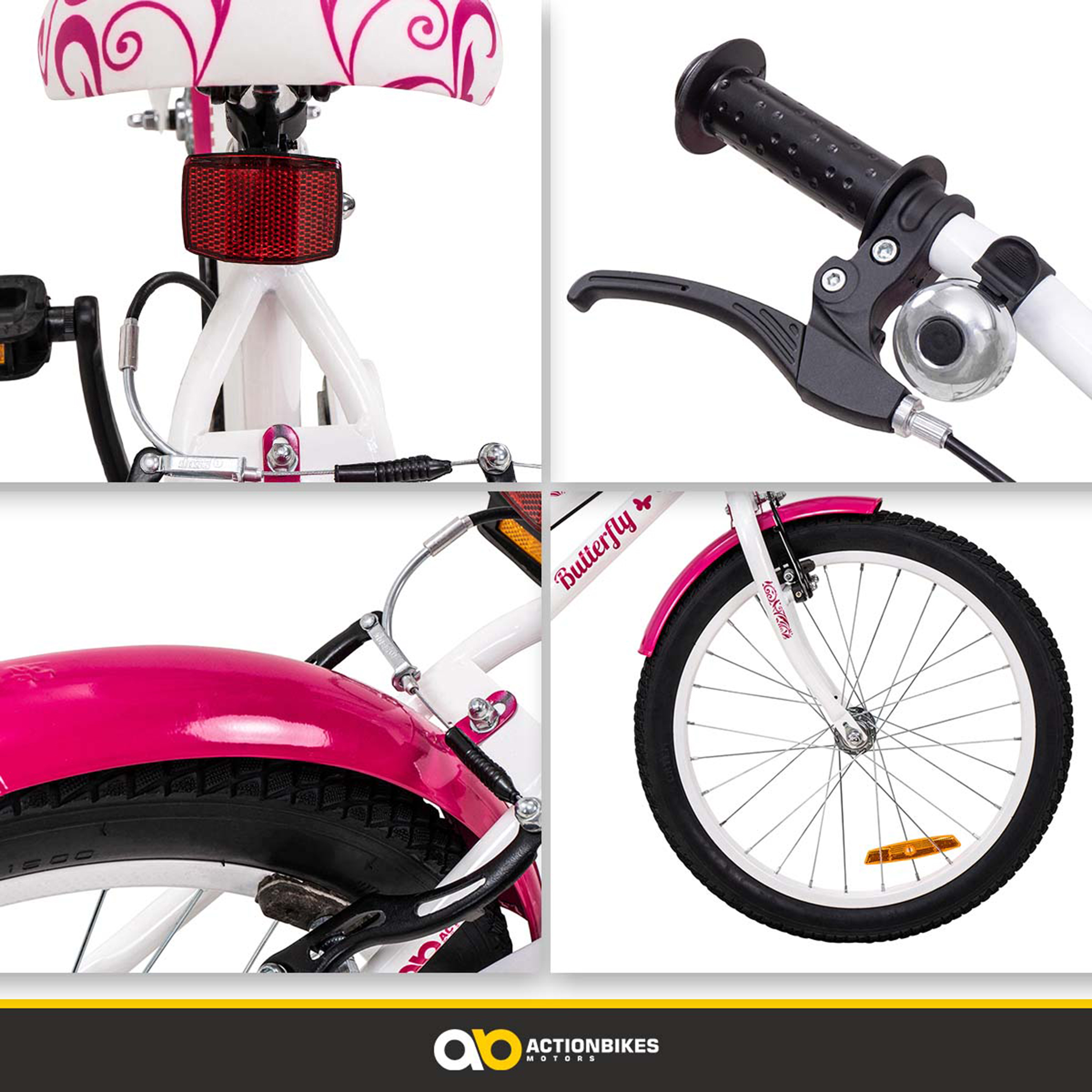 Vier Nahaufnahmen eines rosa-weißen Fahrrads, mit Rädern, Sattel und Lenker.
