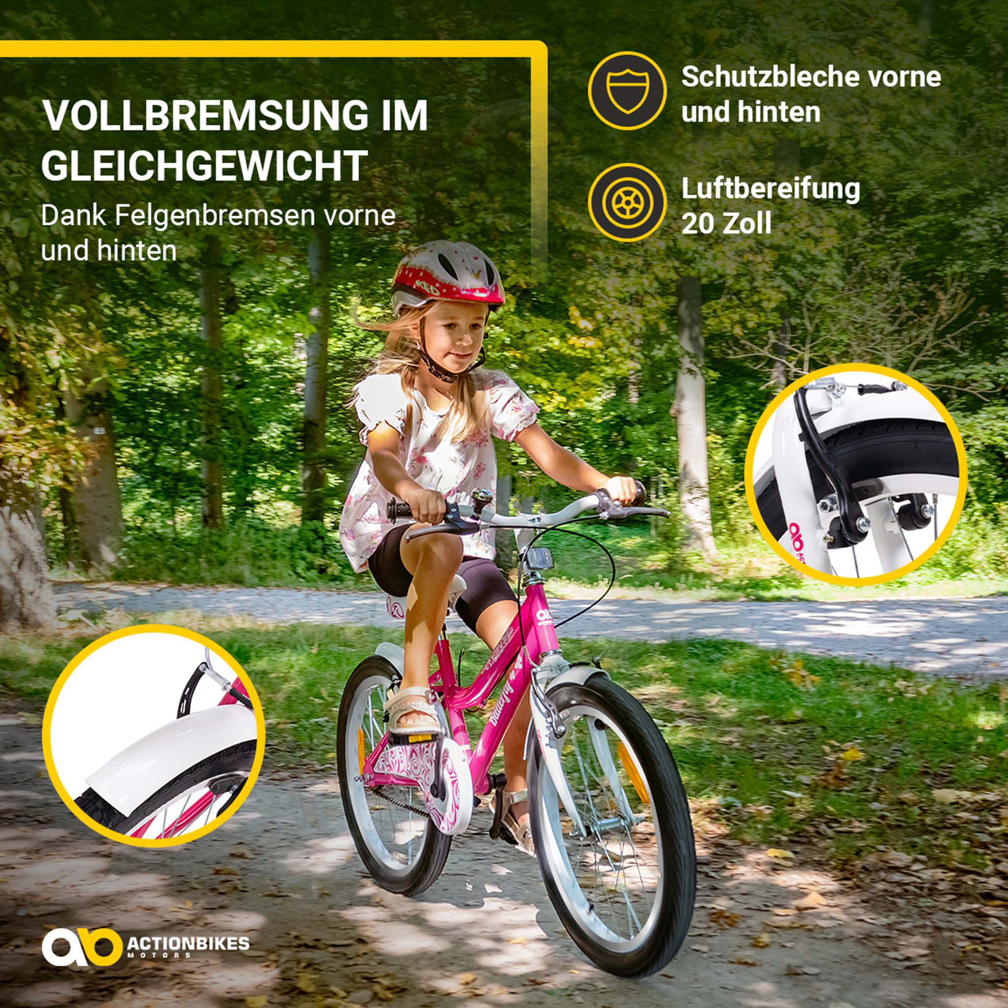 Ein Mädchen fährt mit einem rosa Fahrrad auf einem Weg, im Hintergrund ein grüner Wald.