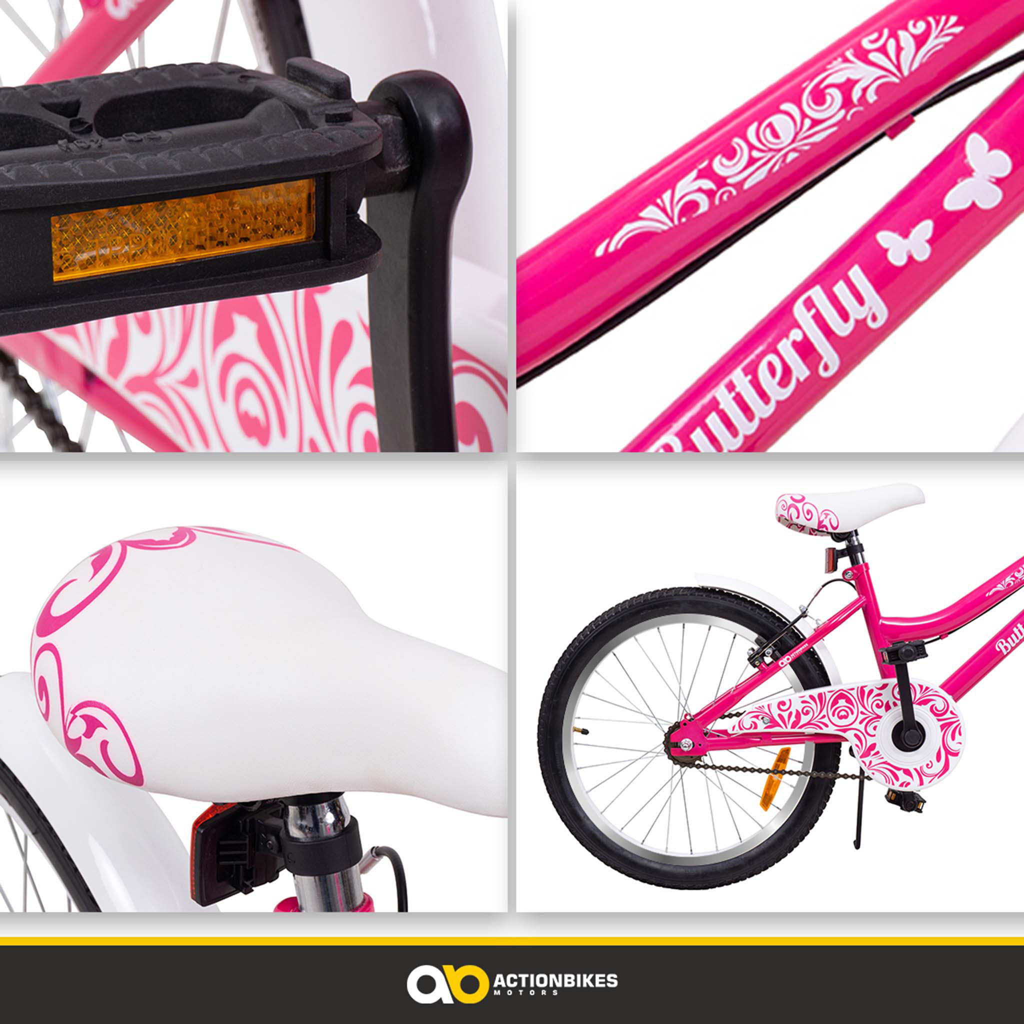 Rosa Fahrrad mit weißen Details, Schmetterlingsgrafik und Actionbikes Logo.