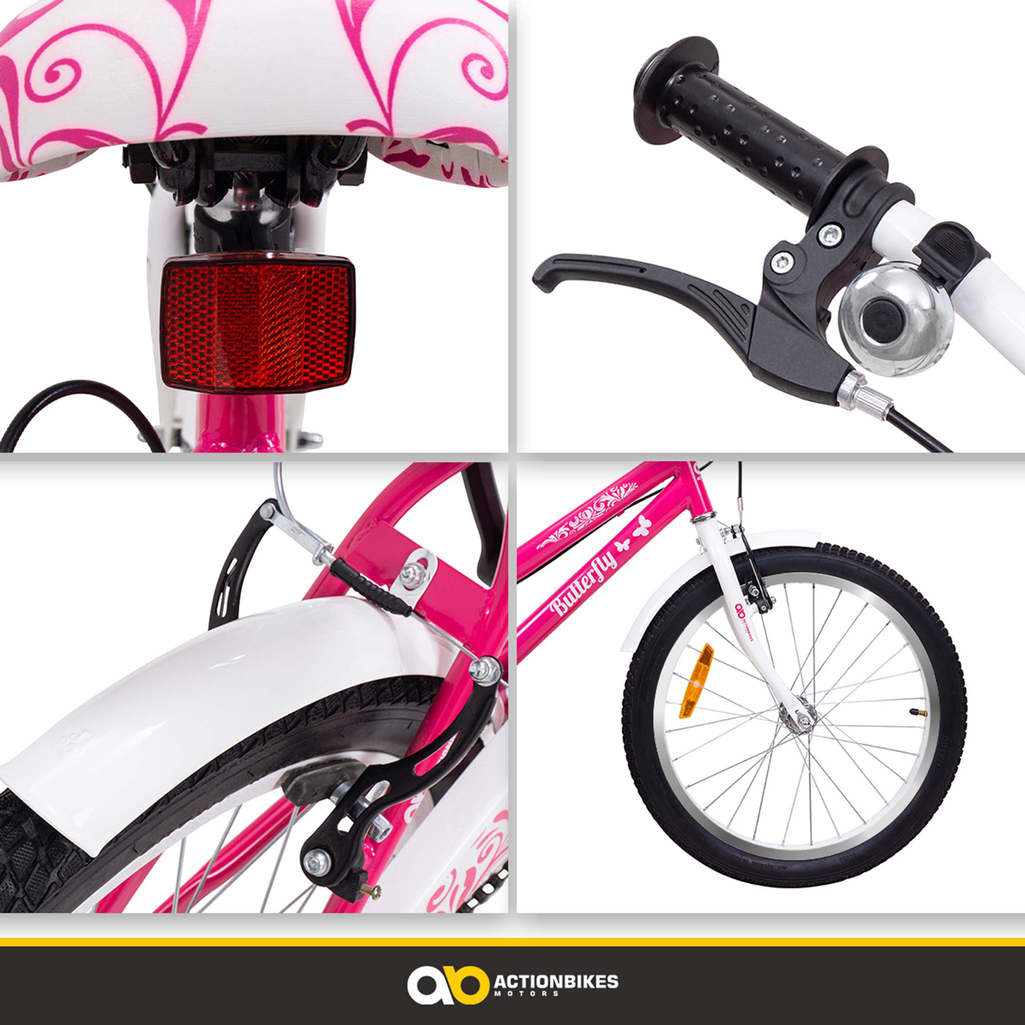 Nahaufnahmen eines rosa Fahrrades: Sitz, Lenker, Kotflügel und Rad.