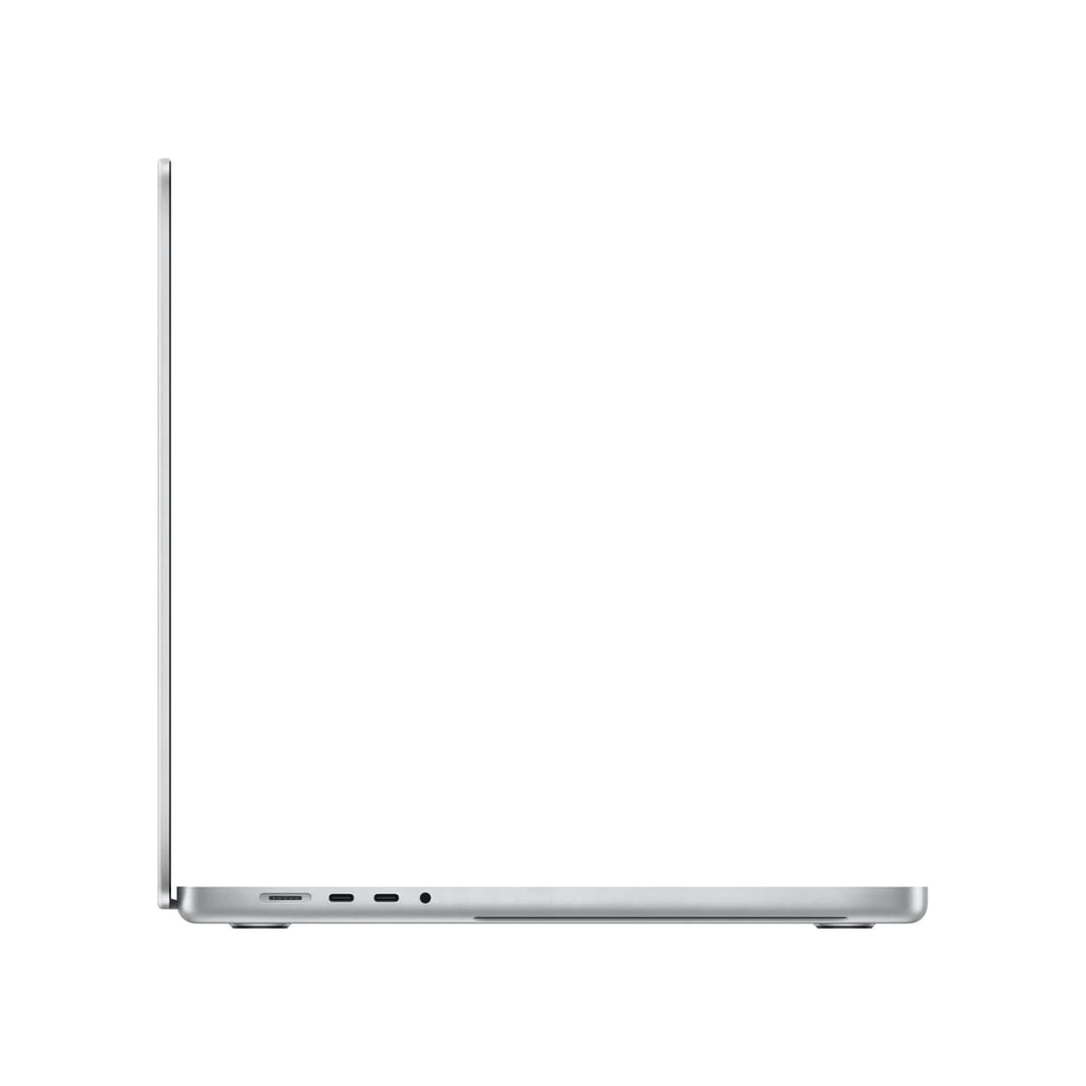 Vista laterale di un laptop argentato. Il laptop è chiuso. Sfondo bianco.