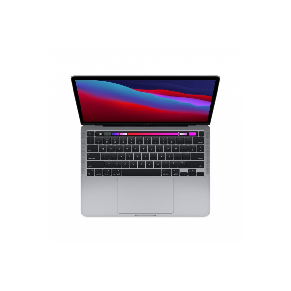 Portátil Macbook Pro plateado abierto, mostrando una pantalla colorida. Fondo blanco.