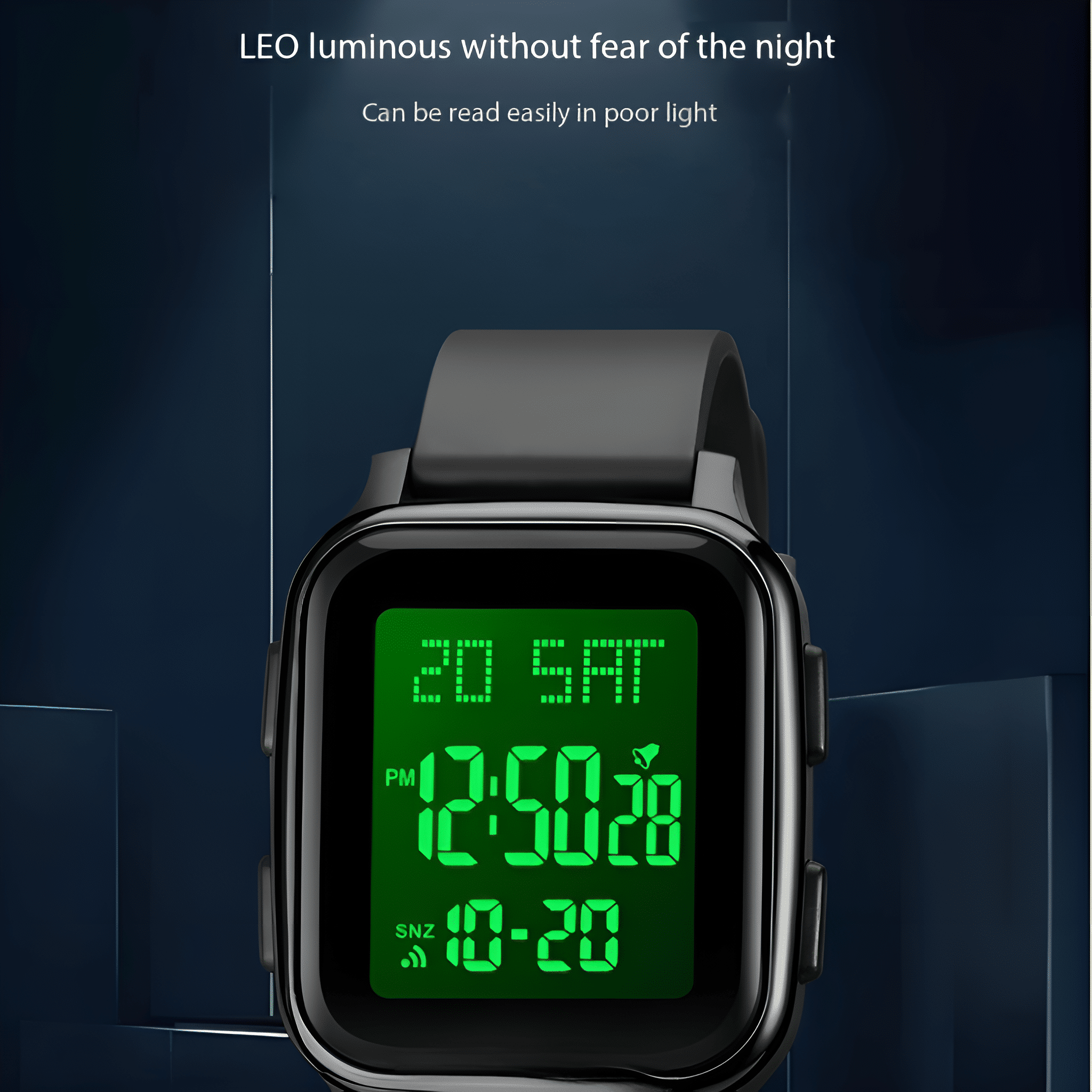 Schwarze Digitaluhr mit Anzeige von Zeit und Datum. Die Uhr befindet sich auf einem dunklen Hintergrund.