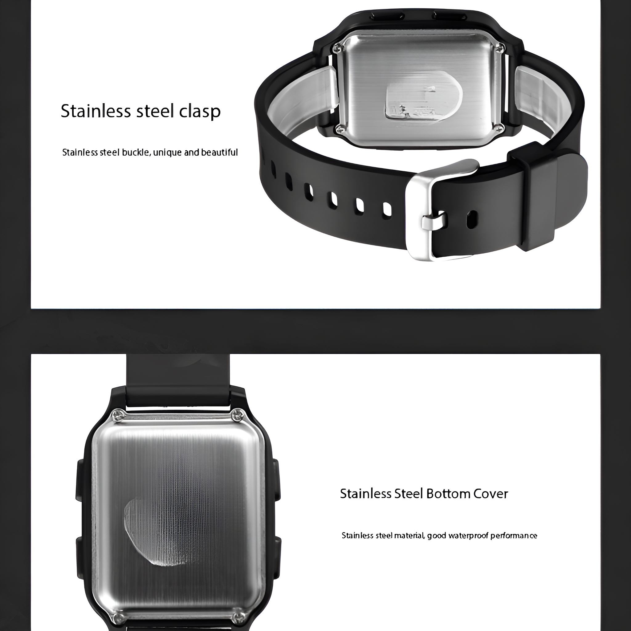 Zwei Bilder einer schwarzen Smartwatch, die Rückseite und Armbanddetails zeigen, auf dunklem Hintergrund.