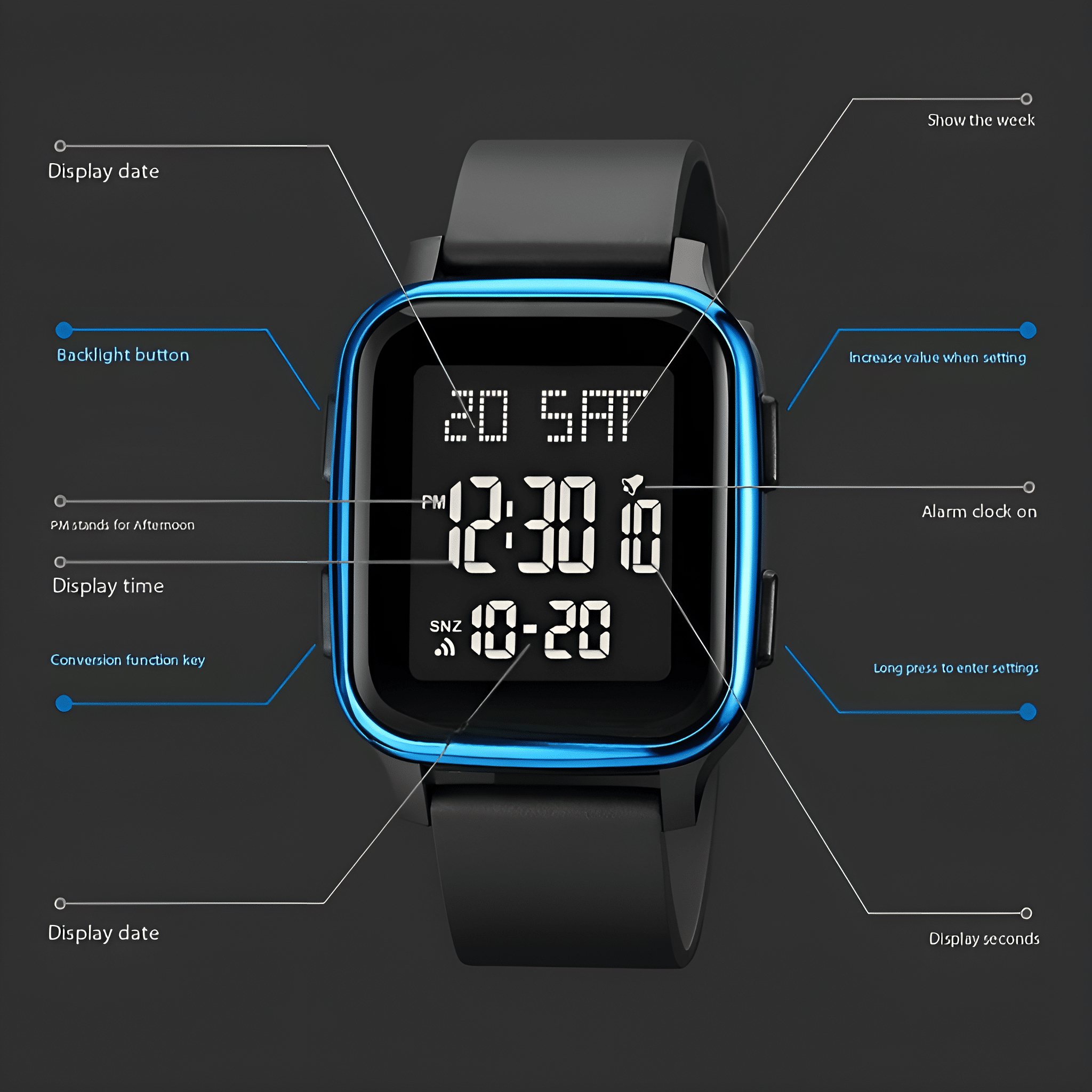 Schwarze Digitaluhr mit blauem Rand. Zeigt Zeit, Datum, Wochentag an und hat Tasten für Einstellungen.