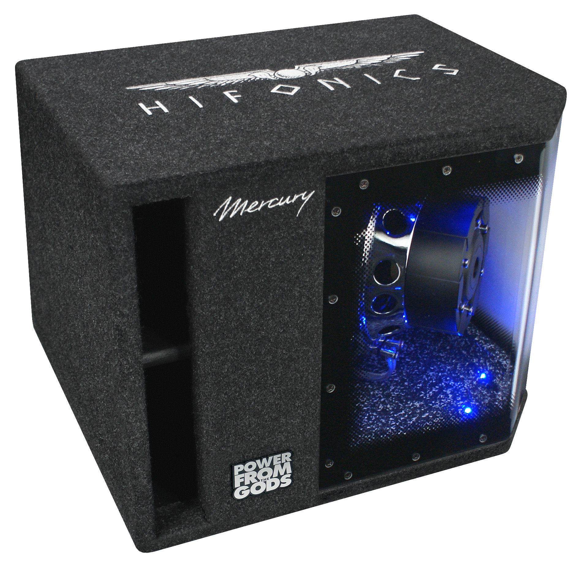 Ein großer schwarzer Subwoofer mit einem transparenten Fenster, das den Lautsprecher zeigt. Auf der Box steht Hifonics und Mercury.