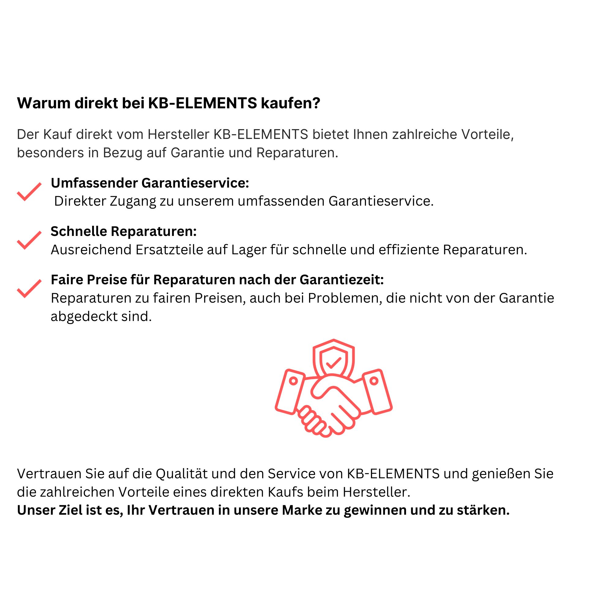 Text über KB-ELEMENTE mit Häkchen und einem Handschlag-Symbol. Der Hintergrund ist weiß.