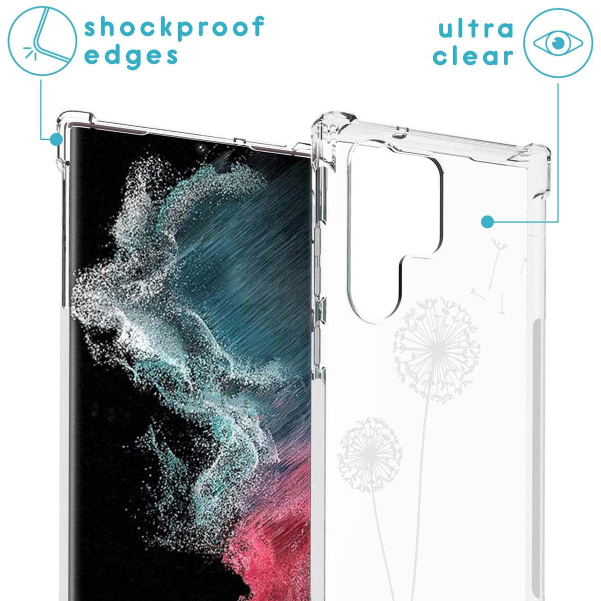 Transparante telefoonhoes met telefoon. Pijlen naar schokbestendige randen en ultra heldere tekst.