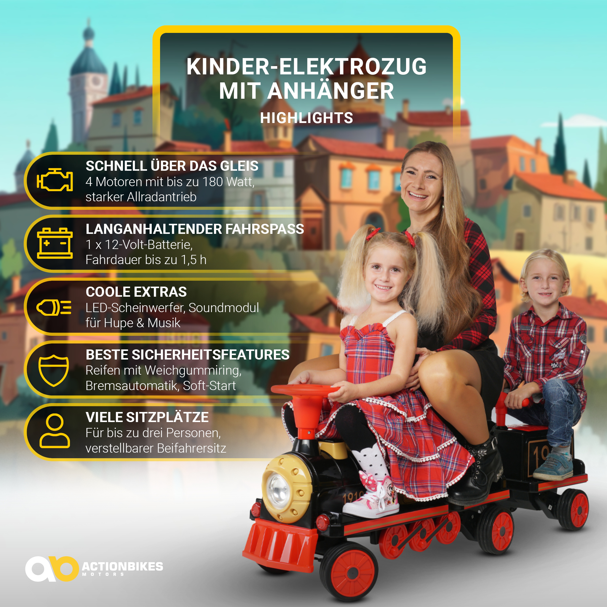 Familie auf Spielzeugeisenbahn, Text: Kinder-Elektrozug mit Anhänger.