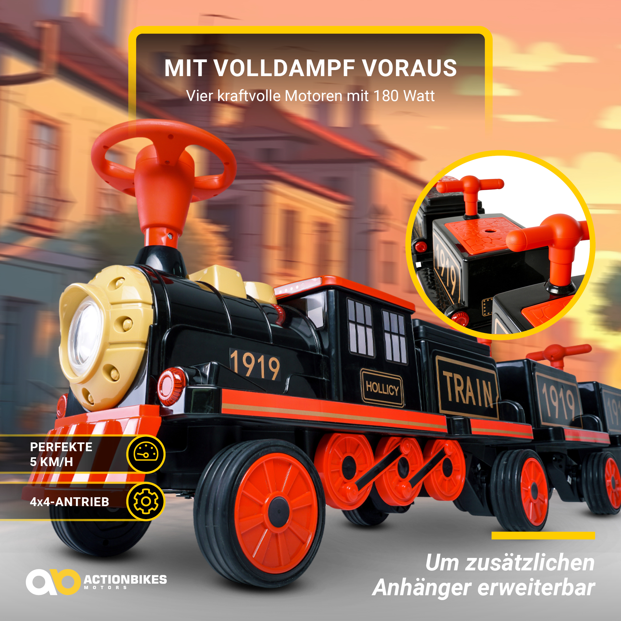 Schwarze und orangefarbene Spielzeugeisenbahn. Es hat ein Lenkrad und den Text '1919' an der Seite.