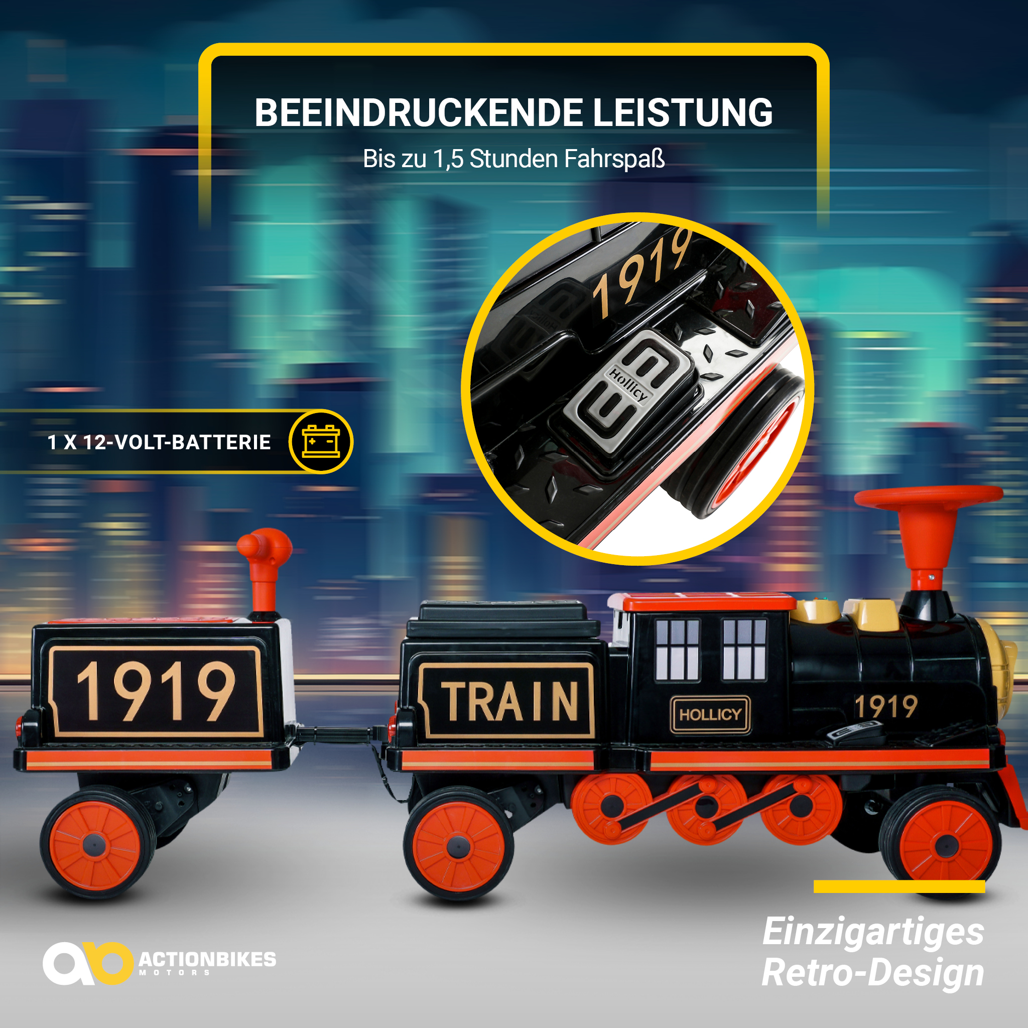 Schwarze und orangefarbene Spielzeugeisenbahn mit dem Wort 'TRAIN'. Gelber und schwarzer Hintergrund.