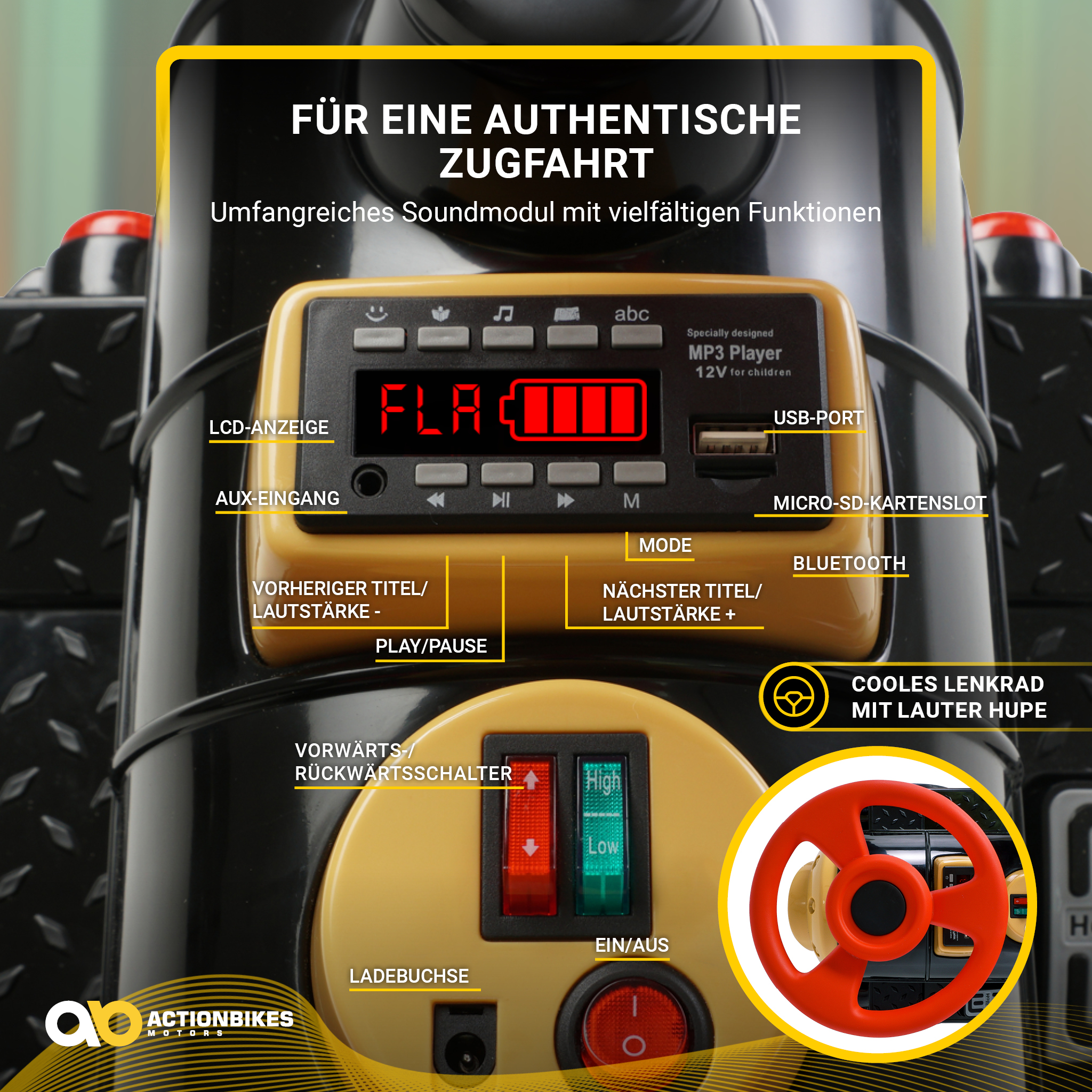 Armaturenbrett eines Spielzeugautos mit LCD-Display und Lenkrad. Funktionen wie Wiedergabe/Pause und Modus.