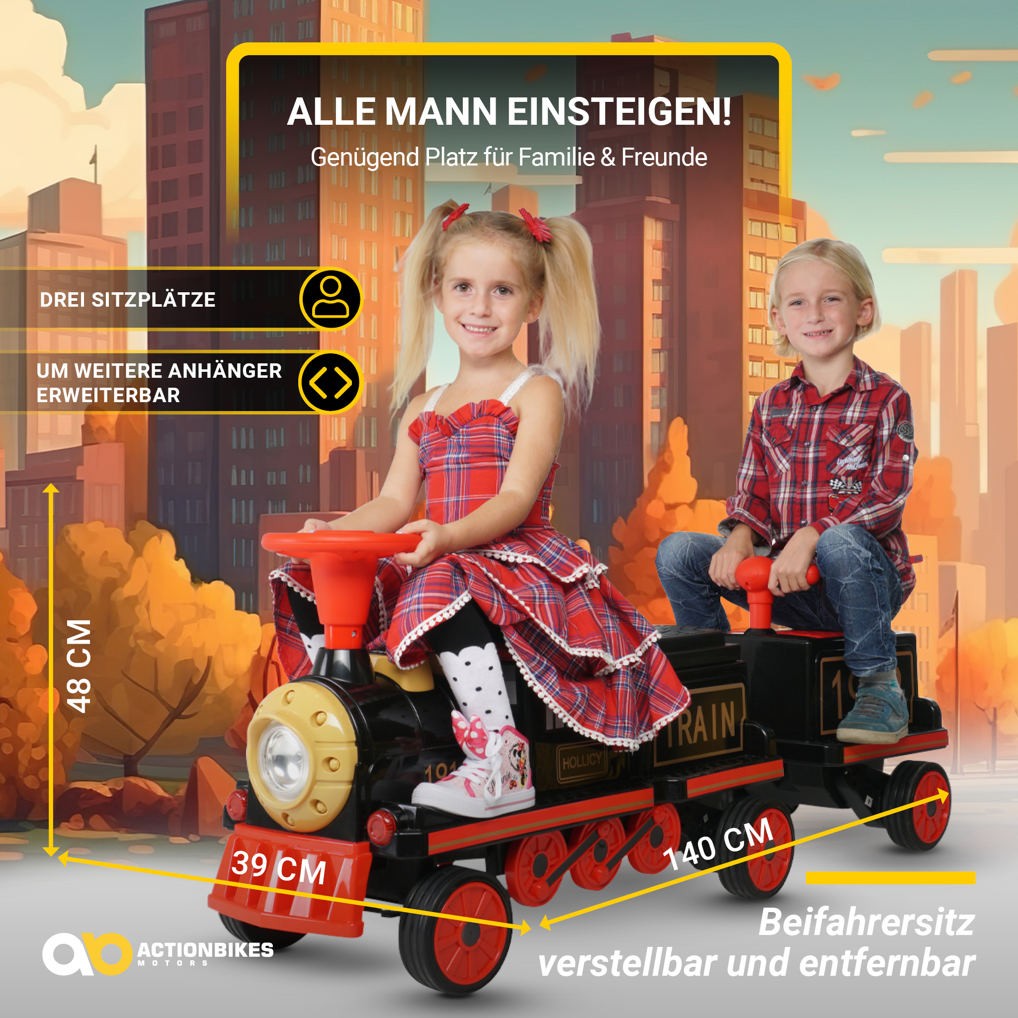 Zwei Kinder auf einer Spielzeugeisenbahn, mit Textbeschriftungen, die die Abmessungen in cm angeben.