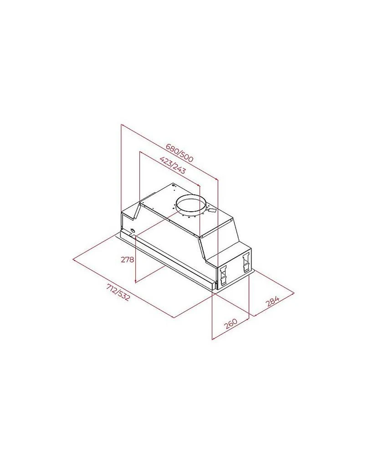Dibujo técnico de una campana de cocina rectangular con dimensiones. Se muestran líneas y medidas.