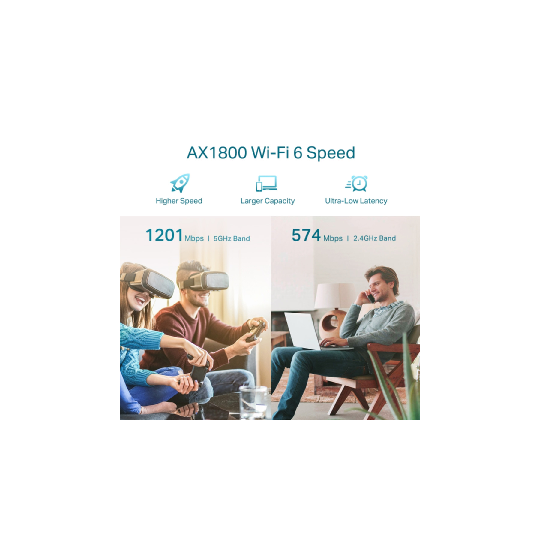 Dwie osoby korzystające z zestawów VR. Wyświetlane są prędkości przesyłania danych.