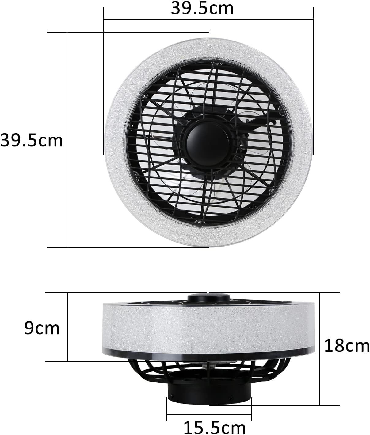 Ventola con misure: 39,5 cm larghezza, 18 cm altezza e 9 cm profondità.