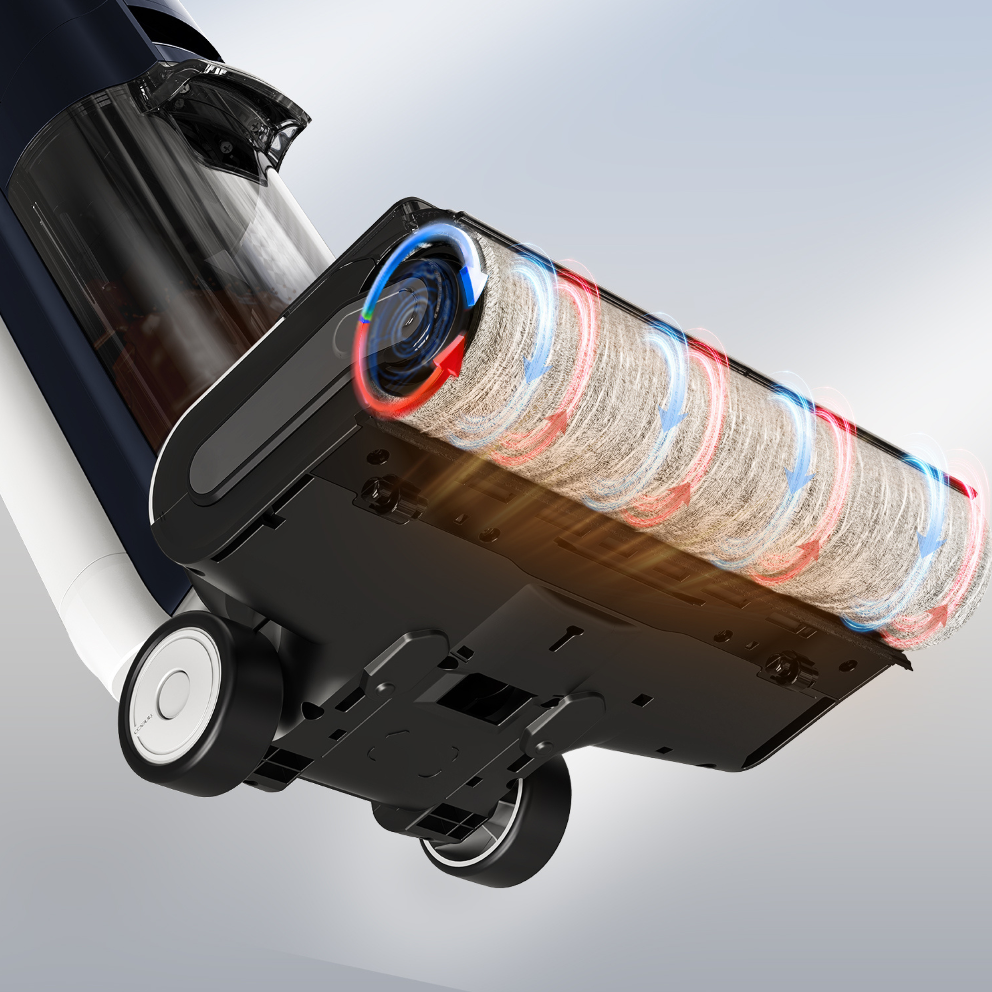 Głowica odkurzacza z obrotową szczotką i wskaźnikami przepływu powietrza.